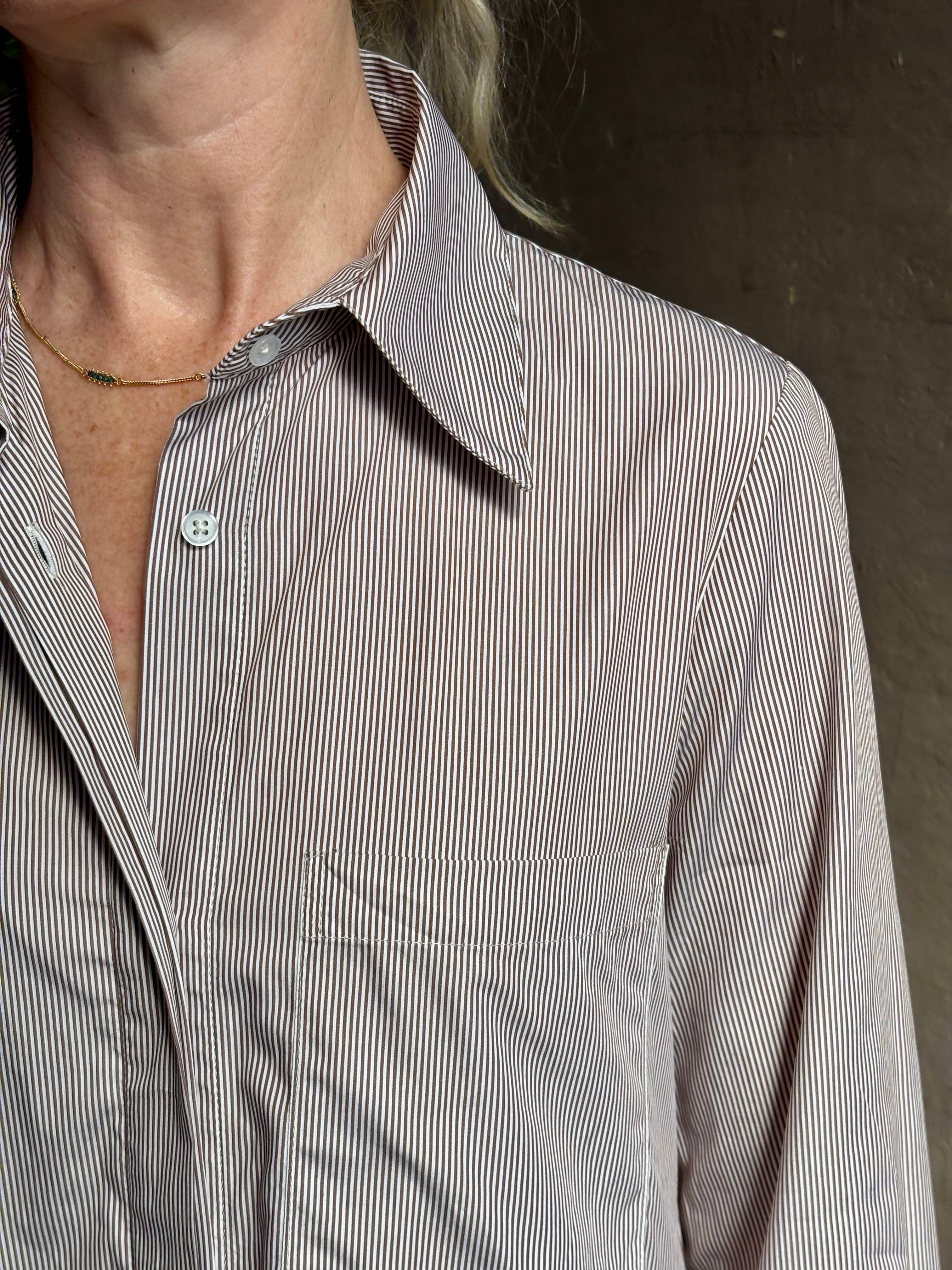 Mature woman wearing luxury TWP Jenny's Gown in Brown Stripe effortless sophistication in a comfortable premium cotton