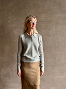 woman wearing light heather grey TWP Jorden Polo Henley premium cashmere  elevated casual wear comfy long sleeve