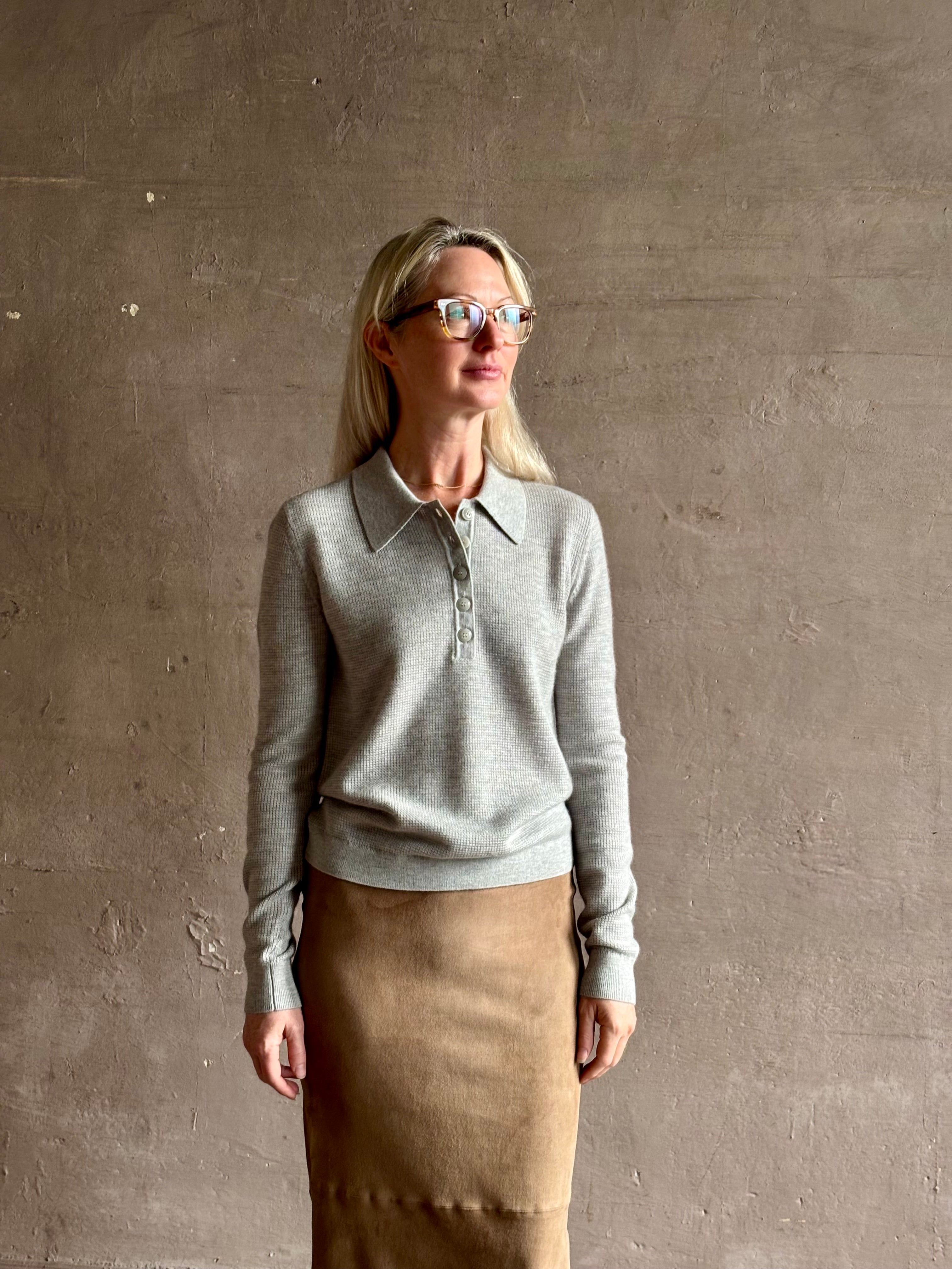 woman wearing light heather grey TWP Jorden Polo Henley premium cashmere  elevated casual wear comfy long sleeve