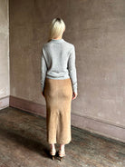 woman wearing light heather grey TWP Jorden Polo Henley premium cashmere  elevated casual wear comfy long sleeve