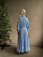 Mature woman wearing TWP M Dress, luxury women's superfine cotton dress  gathered waist collar maxi blue dress