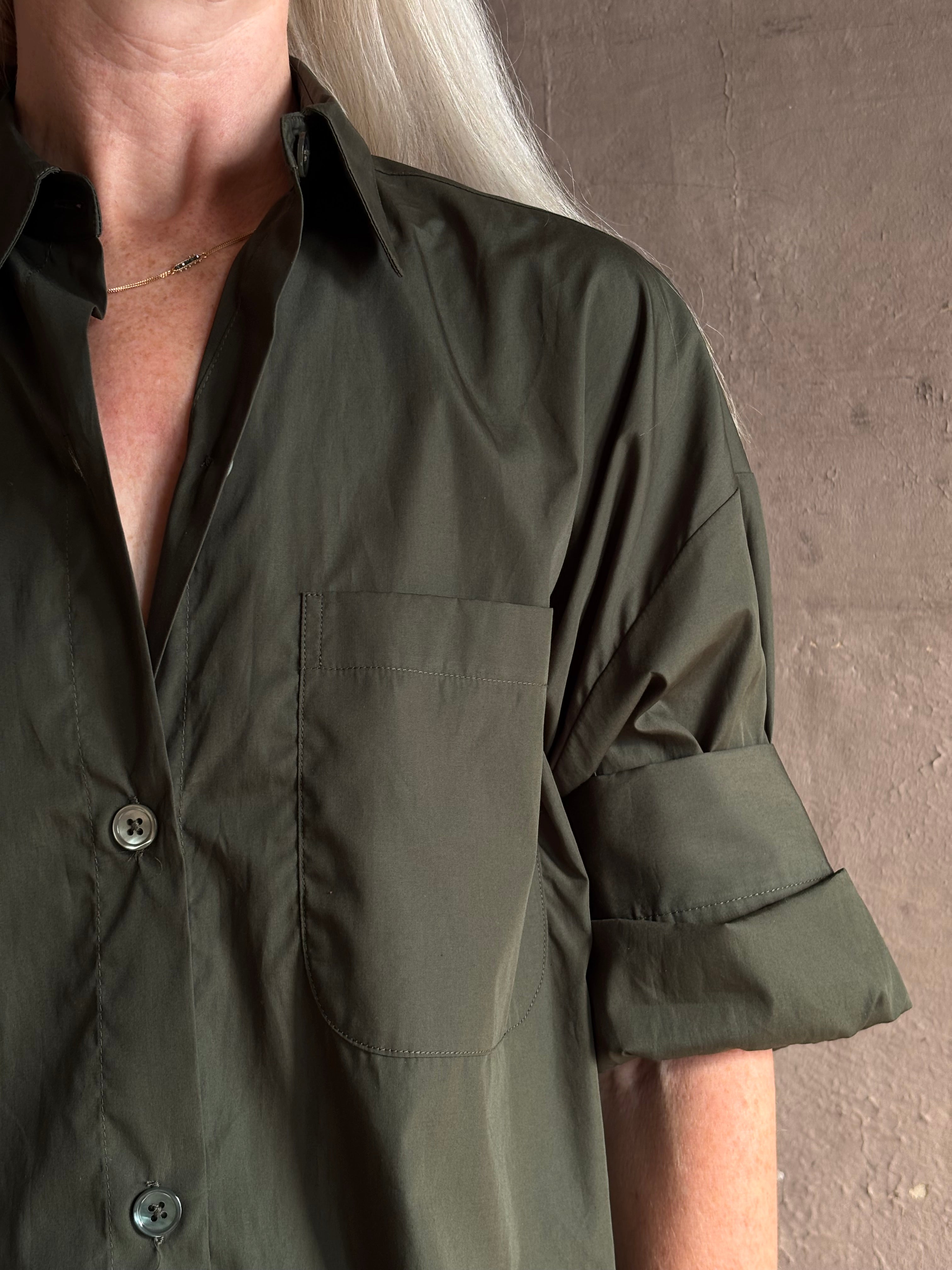 Elevated casual wear TWP next ex cotton poplin dark green rosin button-up shirt with rolled sleeves and collar