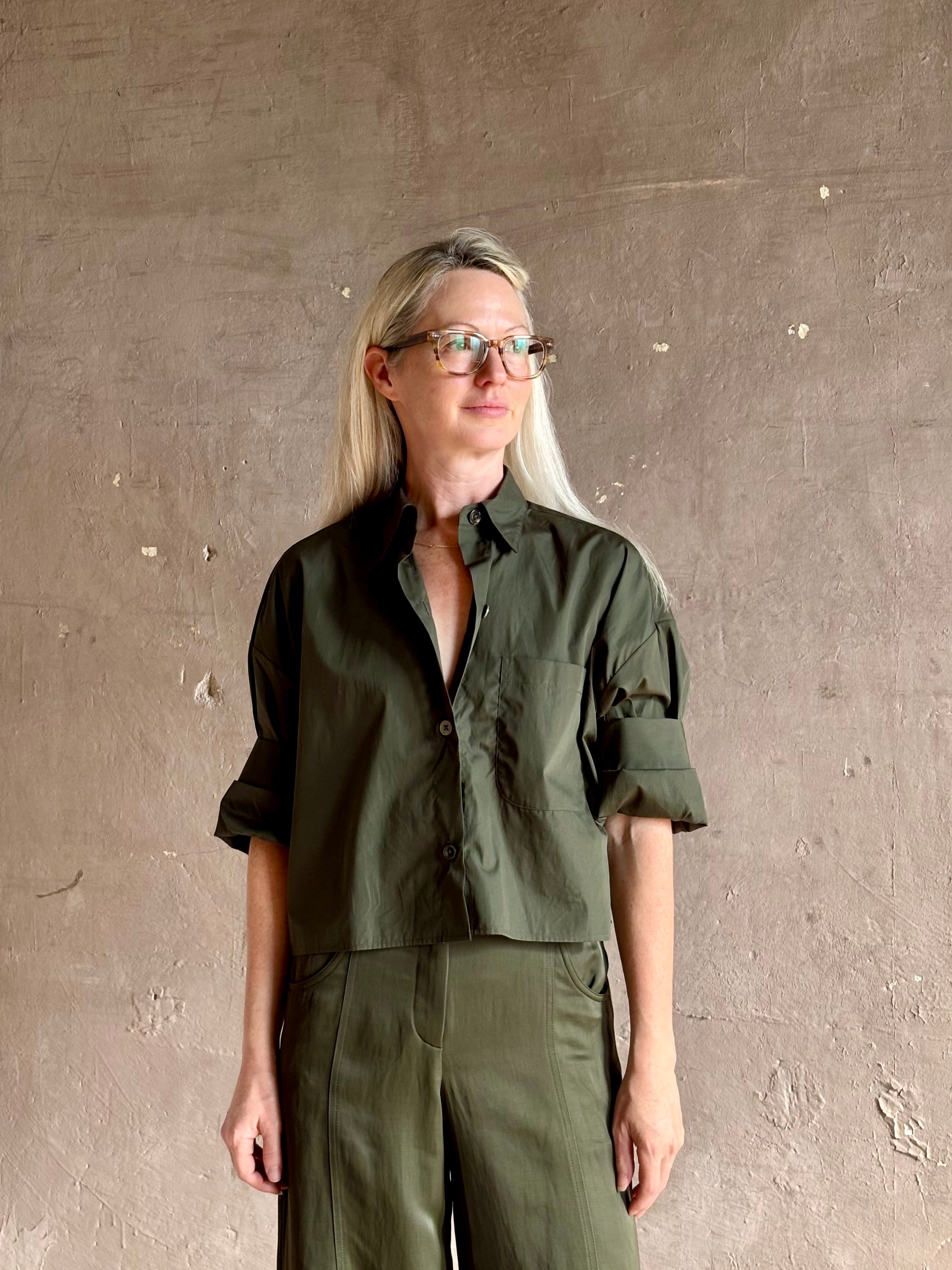 Elevated casual wear TWP next ex cotton poplin dark green rosin button-up shirt with rolled sleeves and collar