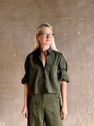 Elevated casual wear TWP next ex cotton poplin dark green rosin button-up shirt with rolled sleeves and collar