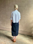 Woman wearing luxury cotton poplin TWP Next EX Shirt White and navy stripe with collar button front made in USA