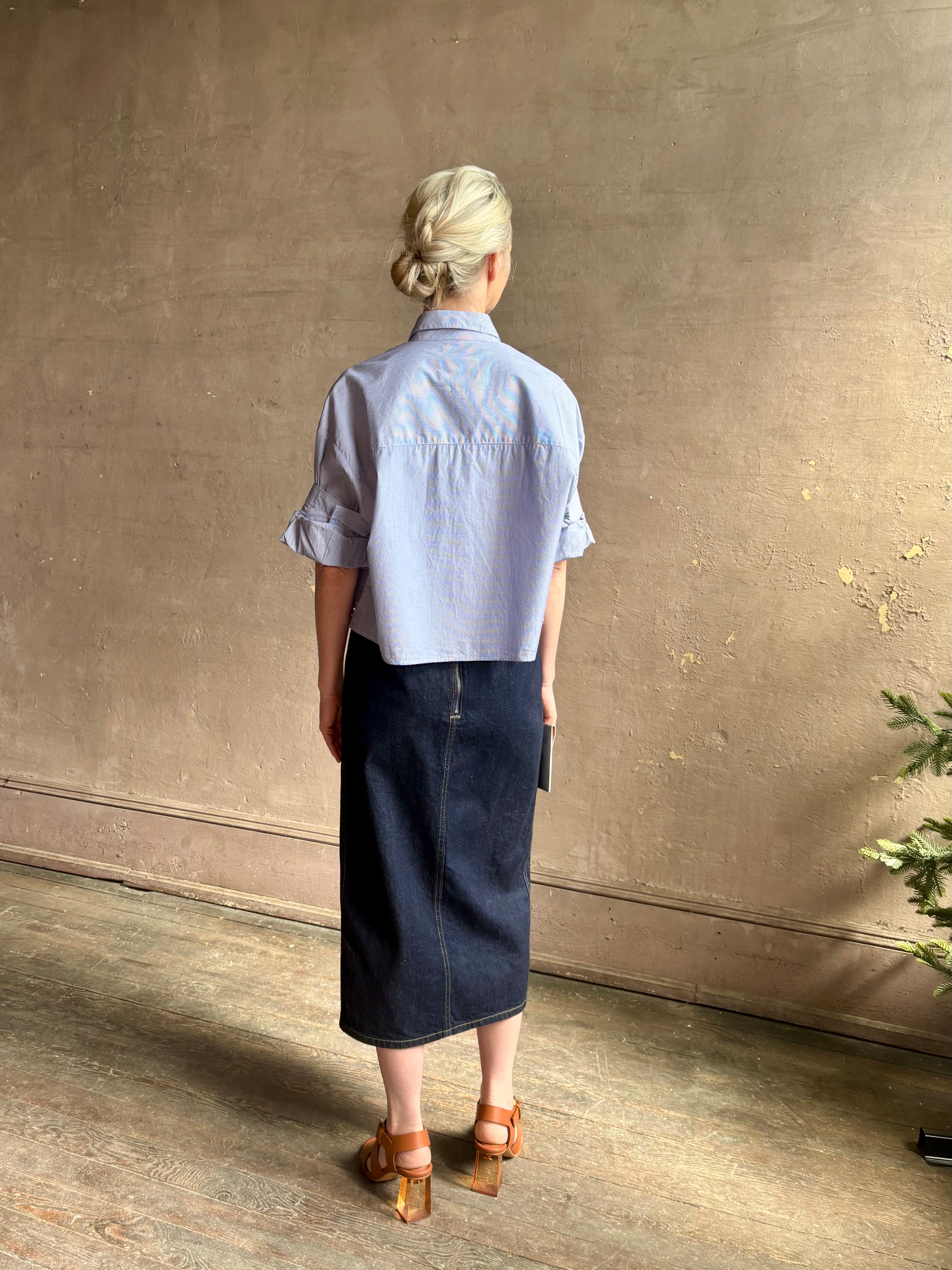 Mature woman wearing premium cotton TWP Next EX Crystal-Embellished blue and white striped Shirt with button front, collar and signature tailored cuffed sleeve detail