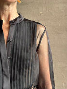 Mature woman wearing TWP Peyton sheer Silk Blouse tuxedo tailored silhouette Timeless, occassion ready 