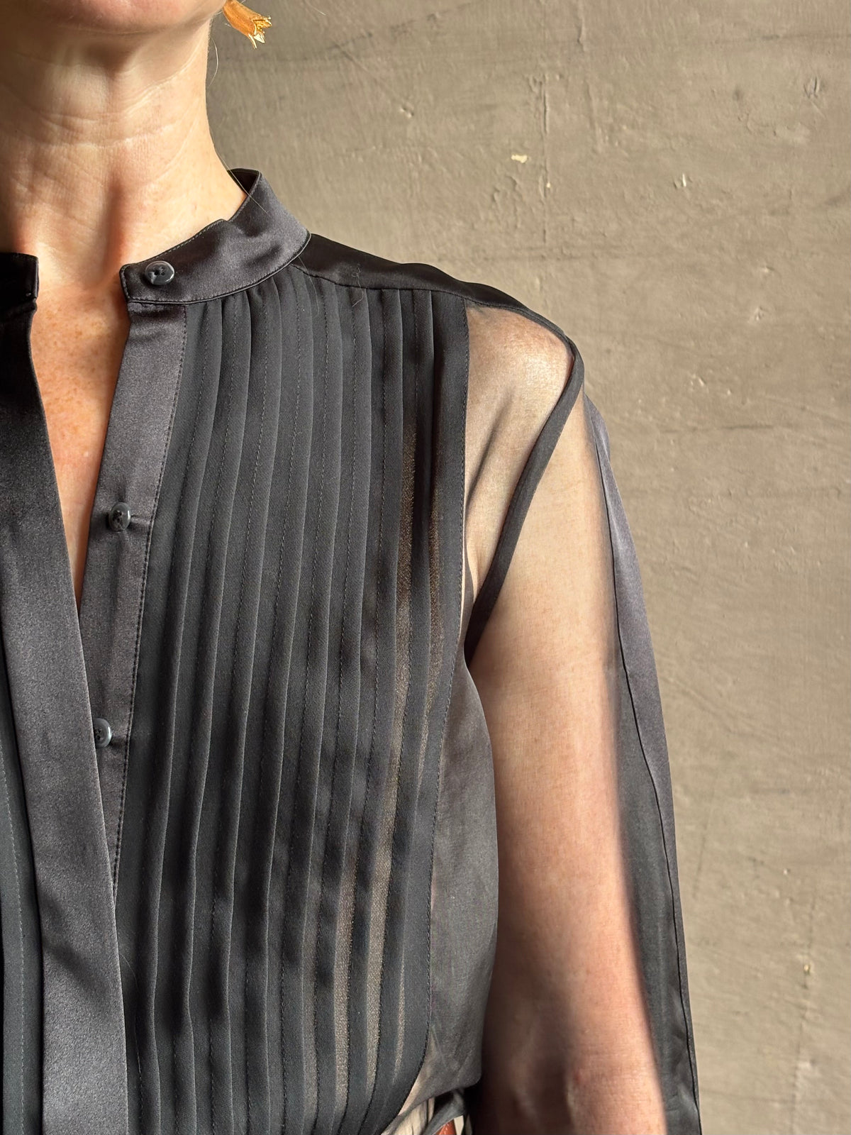 Mature woman wearing TWP Peyton sheer Silk Blouse tuxedo tailored silhouette Timeless, occassion ready 