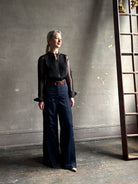 Mature woman wearing TWP Peyton sheer Silk Blouse tuxedo tailored silhouette Timeless, occassion ready 