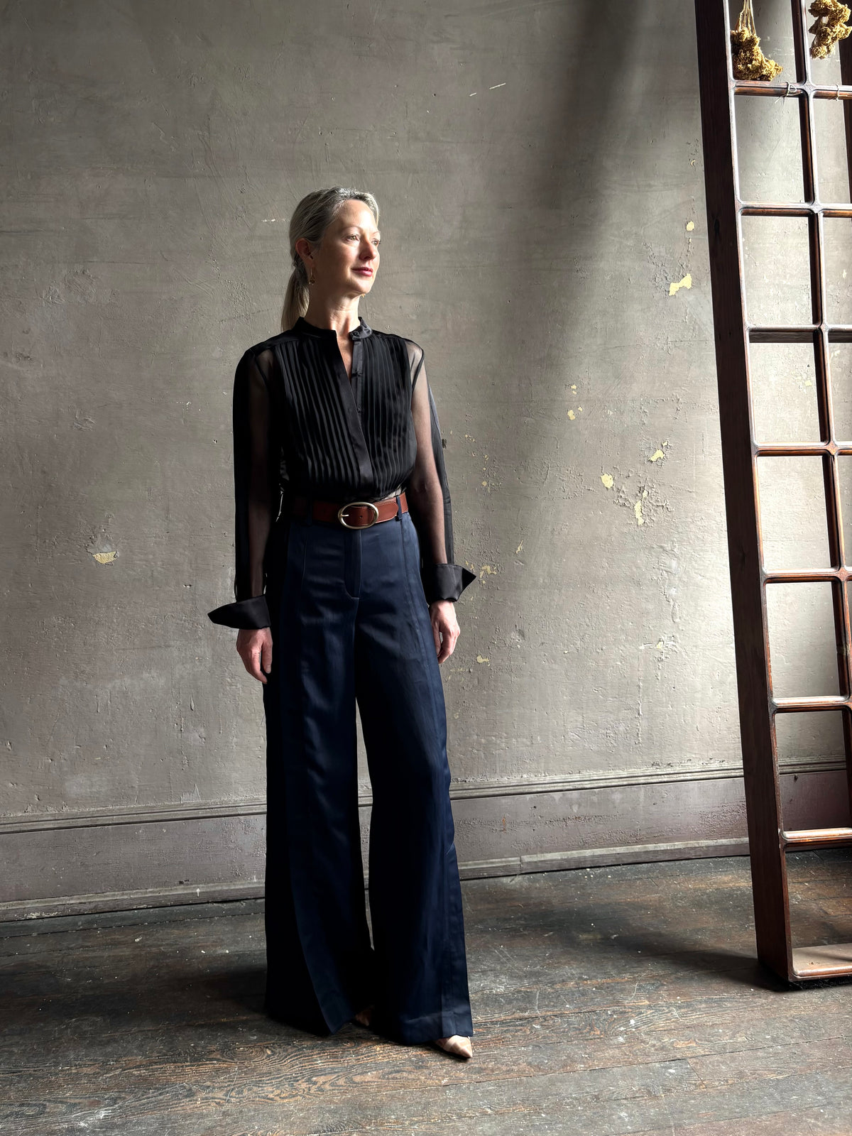 Mature woman wearing TWP Peyton sheer Silk Blouse tuxedo tailored silhouette Timeless, occassion ready 