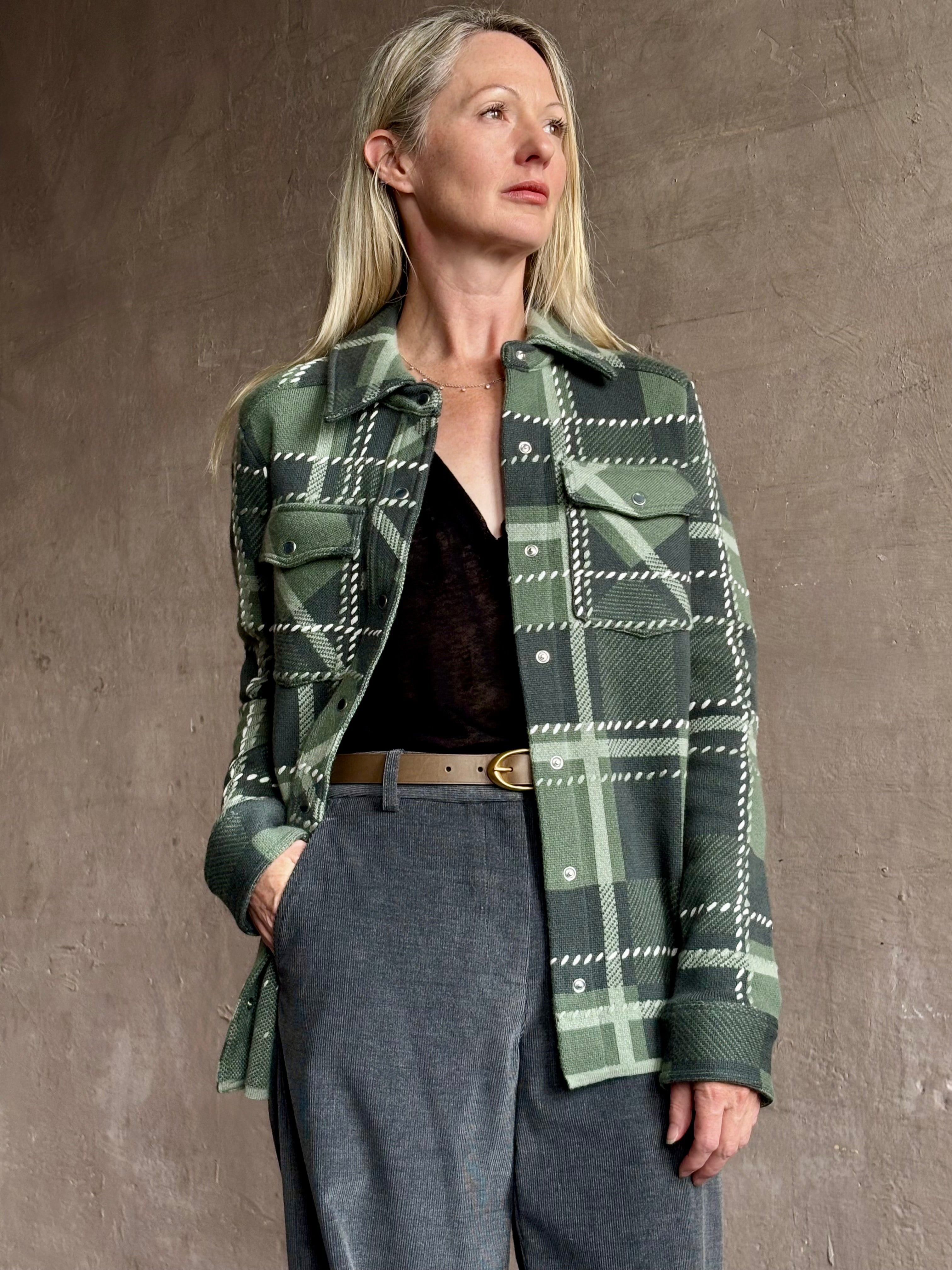 Image of mature woman wearing TWP ranchers cardigan shacket in premium cashmere redefining sophisticated comfort 