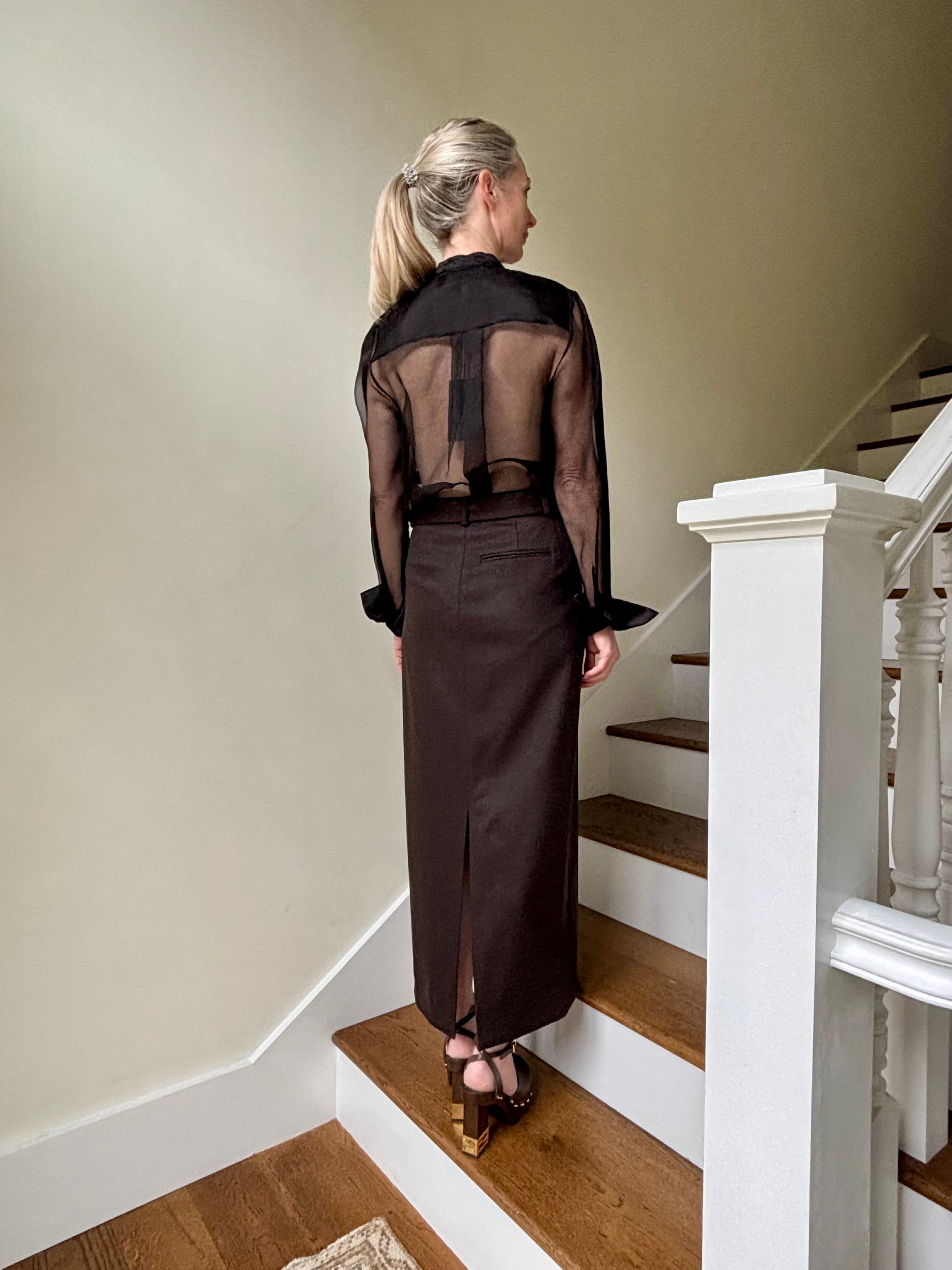 Image of mature woman wearing TWP tailored Slit maxi Skirt in Chocolate brown with back pockets in quality wool cashmere blend fabric