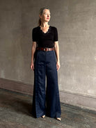 TWP taite navy wide leg full length trouser high rise front seam intigral vent side seam pockets elevated fabric quality