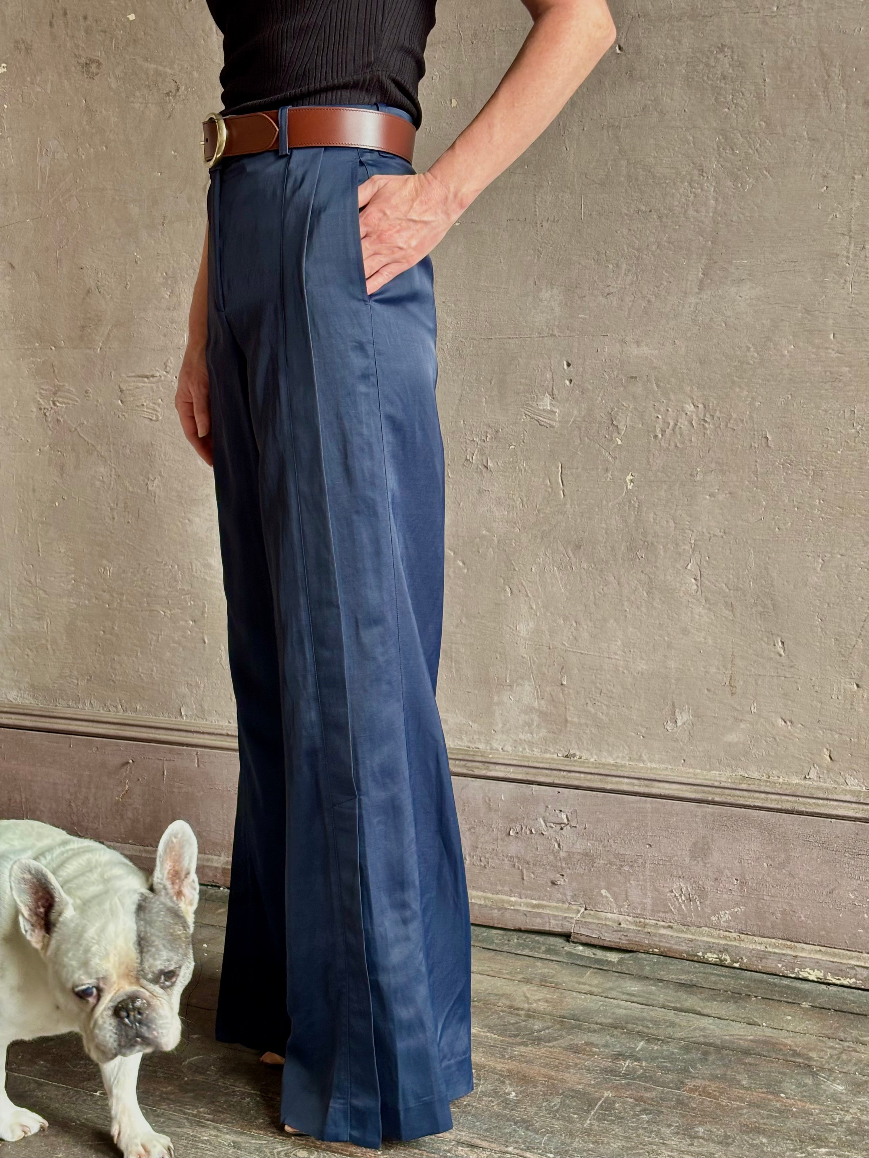 TWP taite navy wide leg full length trouser high rise front seam intigral vent side seam pockets elevated fabric quality