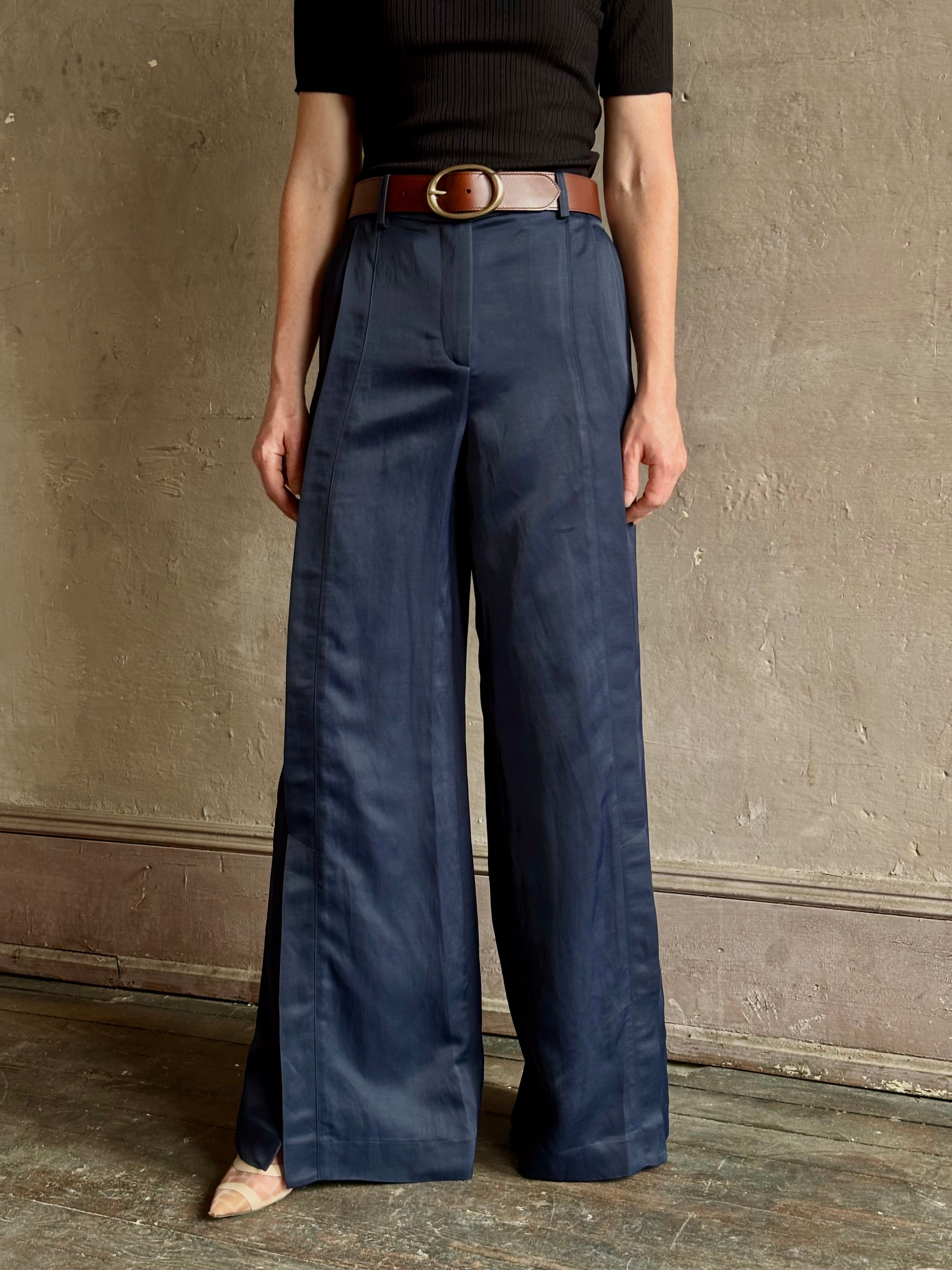 TWP taite navy wide leg full length trouser high rise front seam intigral vent side seam pockets elevated fabric quality