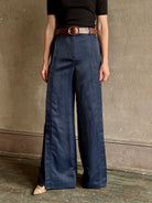 TWP taite navy wide leg full length trouser high rise front seam intigral vent side seam pockets elevated fabric quality