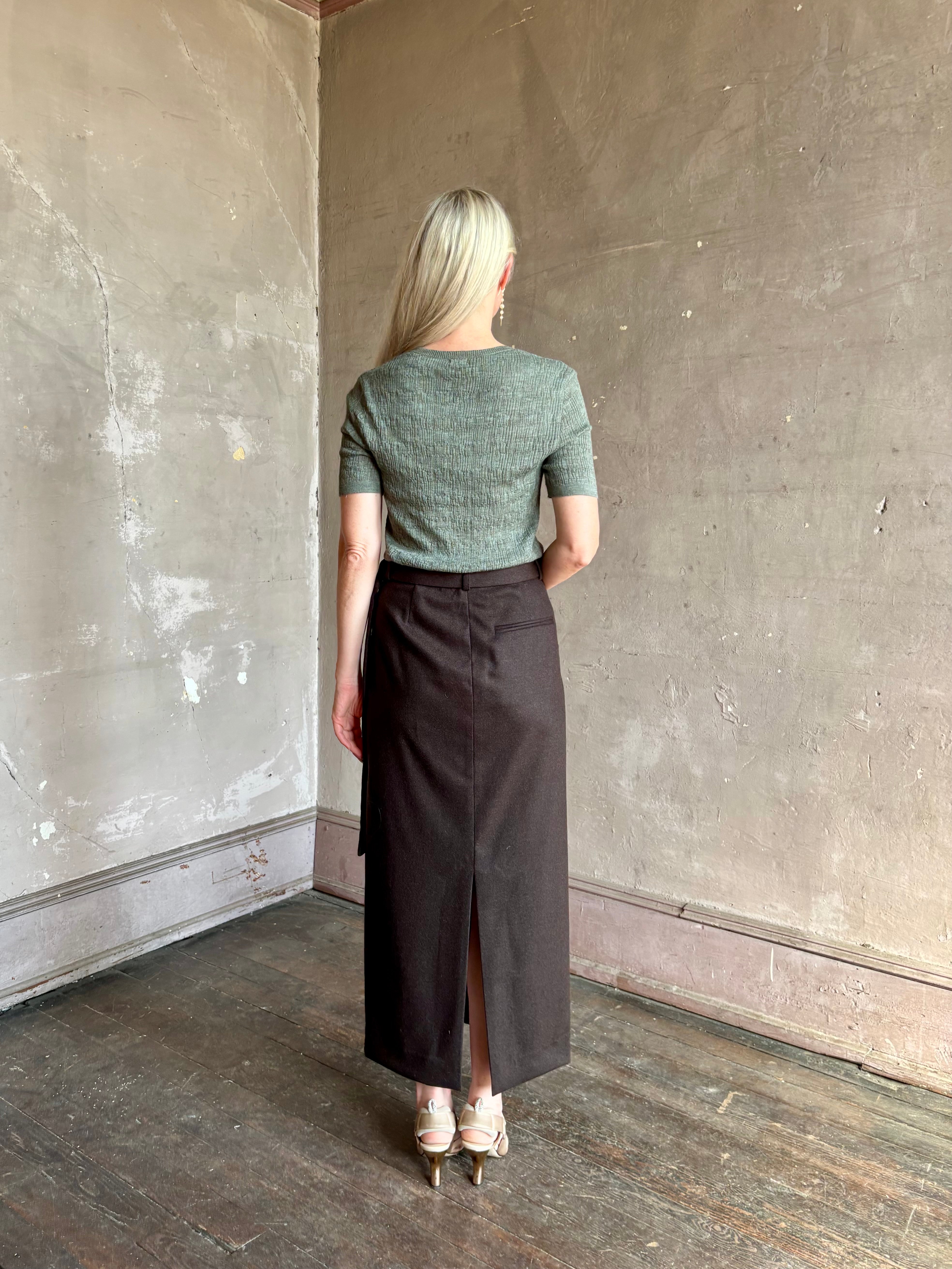 Bacck view of TWP's Slit Pencil Skirt in Chocolate Brown a sophisticated wool-cashmere blend with graceful back vent detail American-made maxi