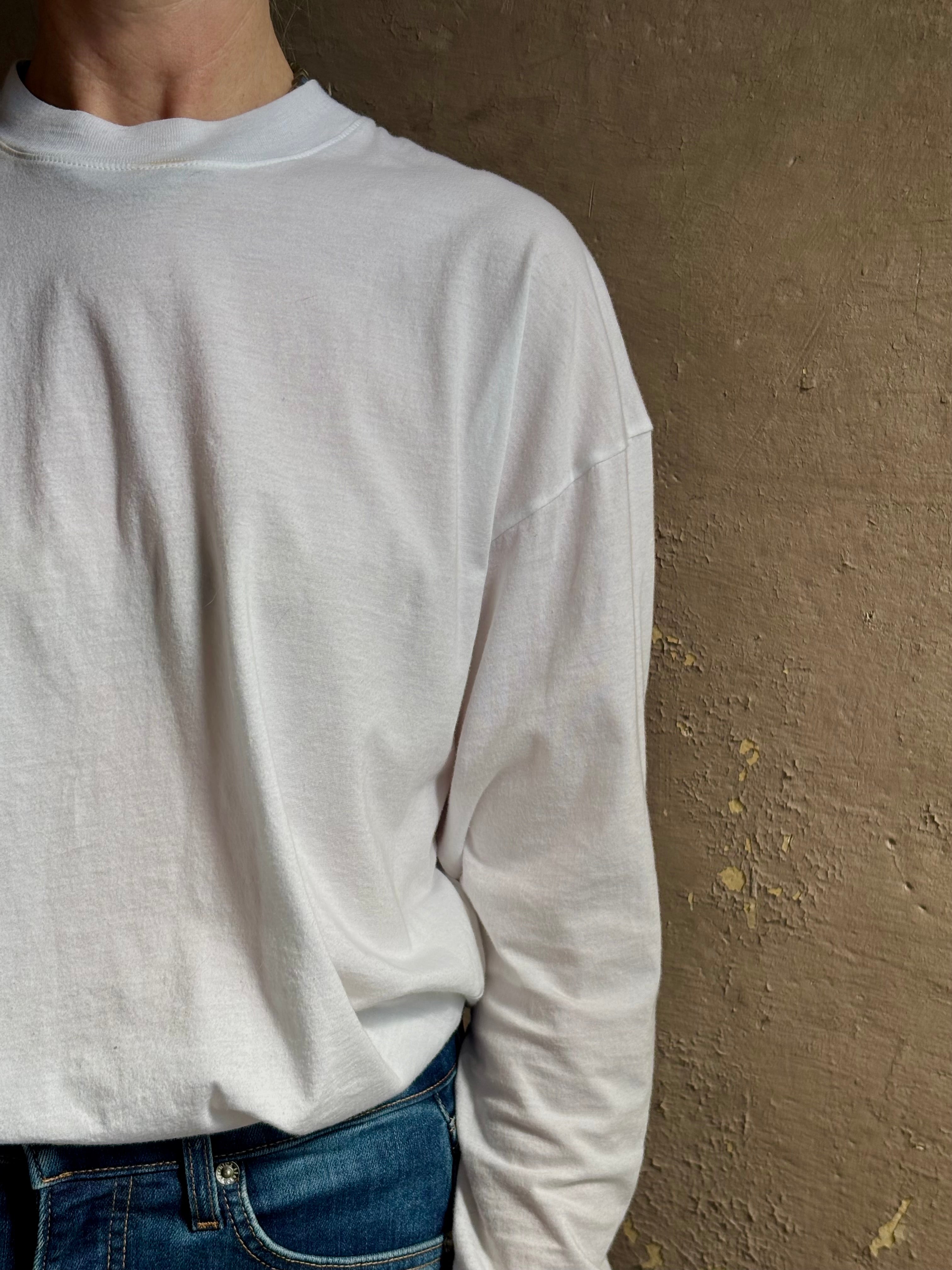 mature woman wearing lightweight TWP from Premium Supima Cotton for exceptional softness with long sleeves and crew neck