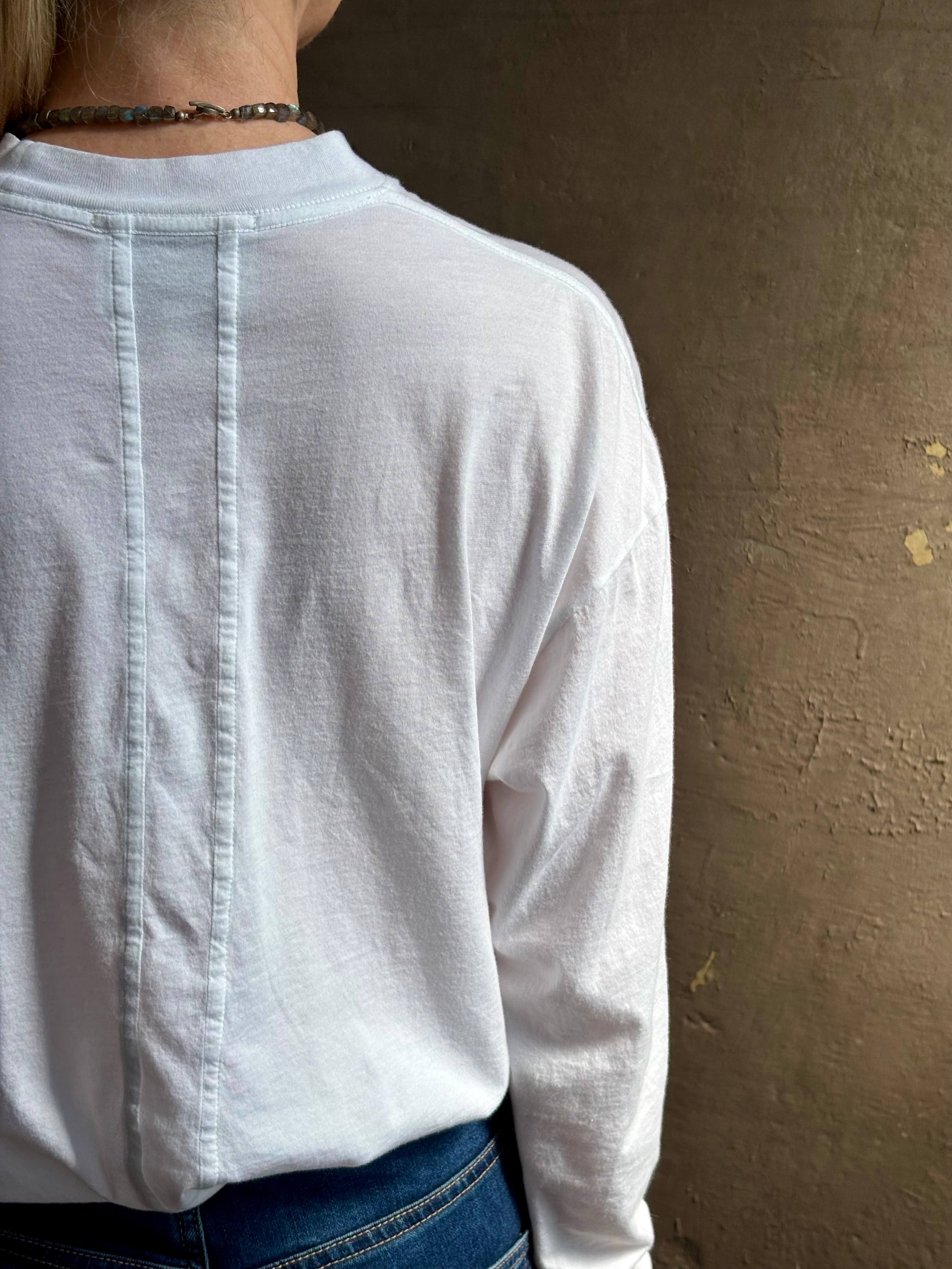 mature woman wearing lightweight TWP from Premium Supima Cotton for exceptional softness with long sleeves and crew neck