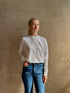 mature woman wearing lightweight TWP from Premium Supima Cotton for exceptional softness with long sleeves and crew neck