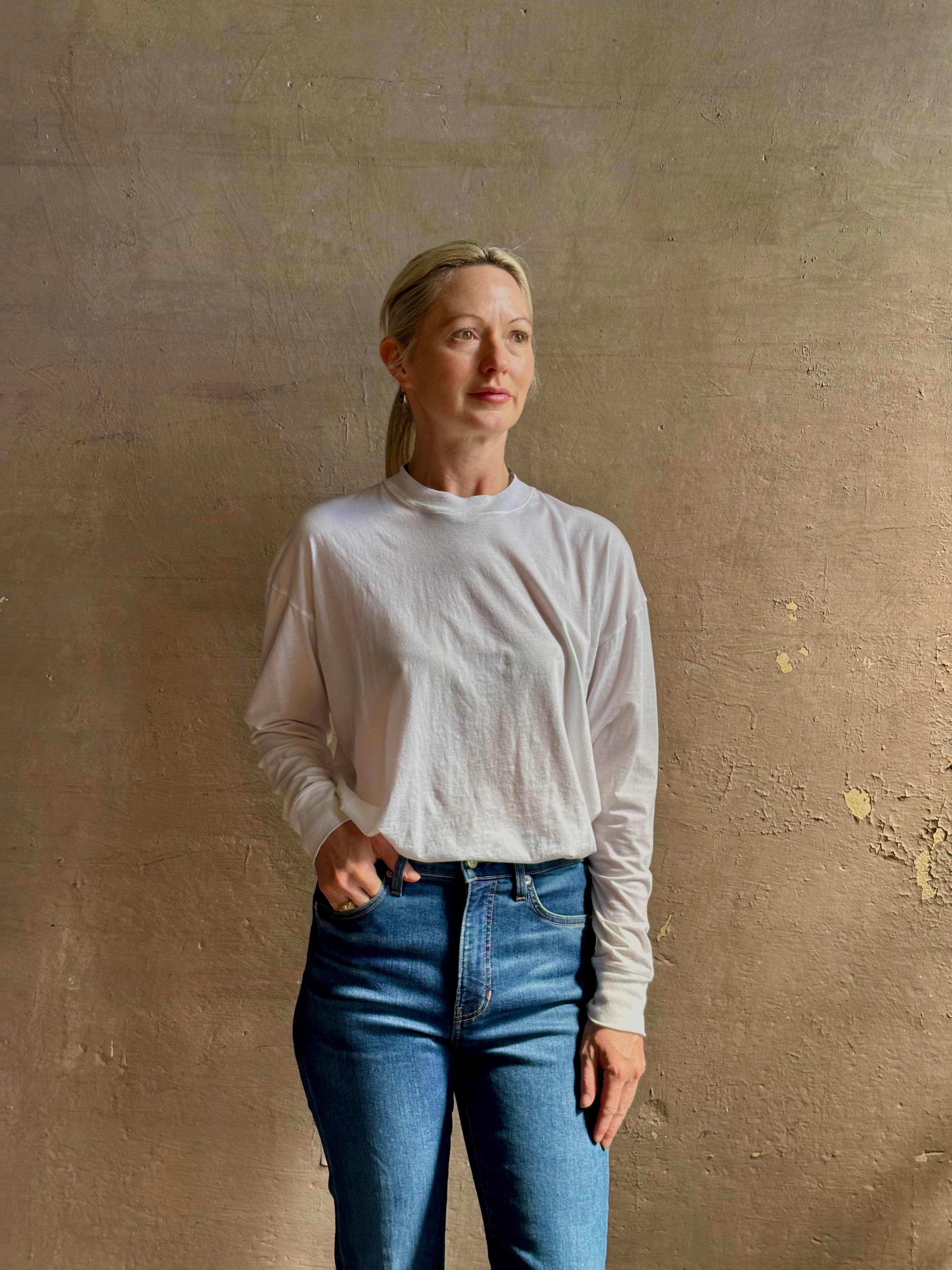 mature woman wearing lightweight TWP from Premium Supima Cotton for exceptional softness with long sleeves and crew neck