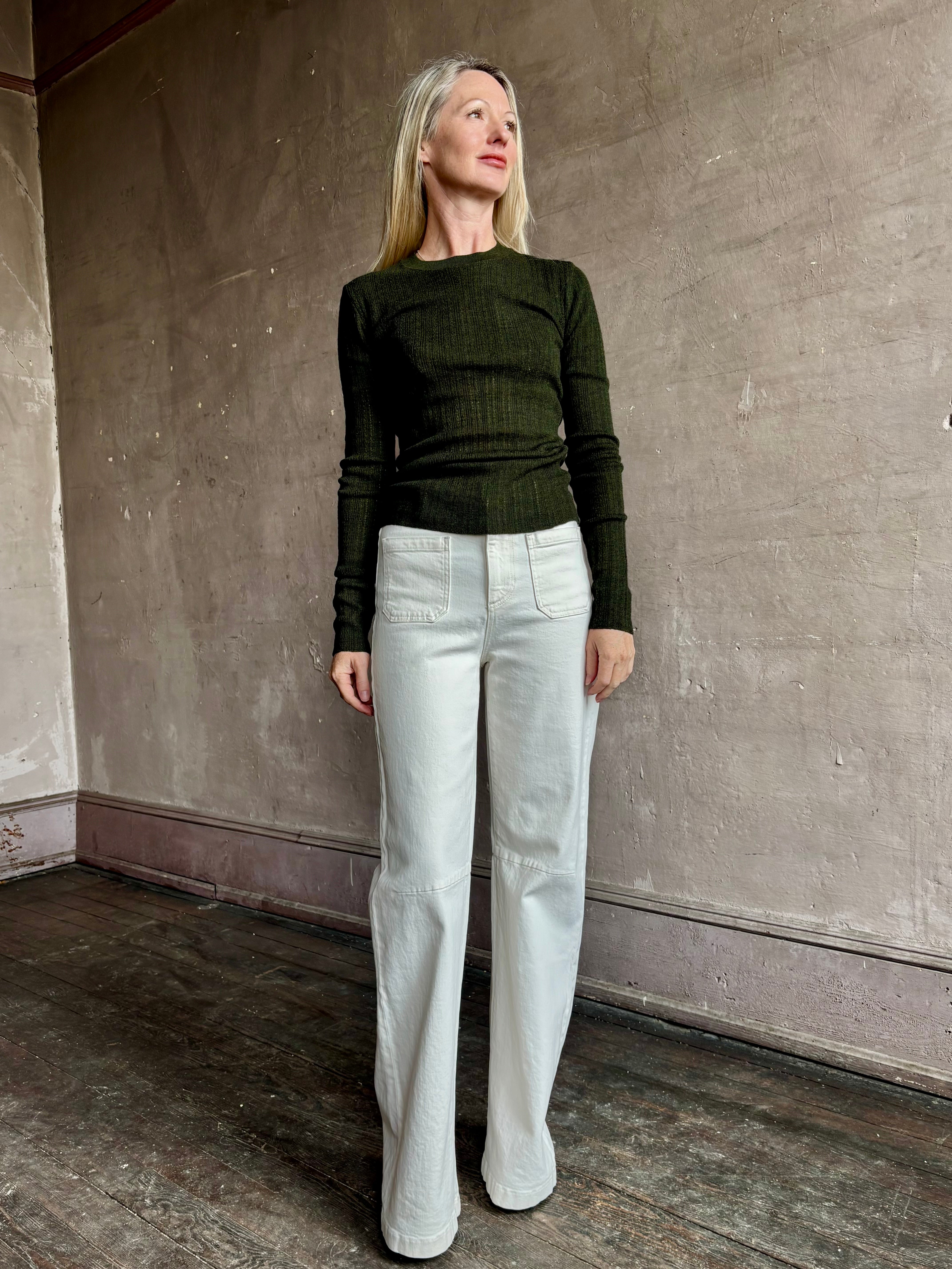 Image of mature woman wearing designer TANYA TAYLOR Crew Neck Kayden merino wool Knit Top that's a perfect elevated layering essential