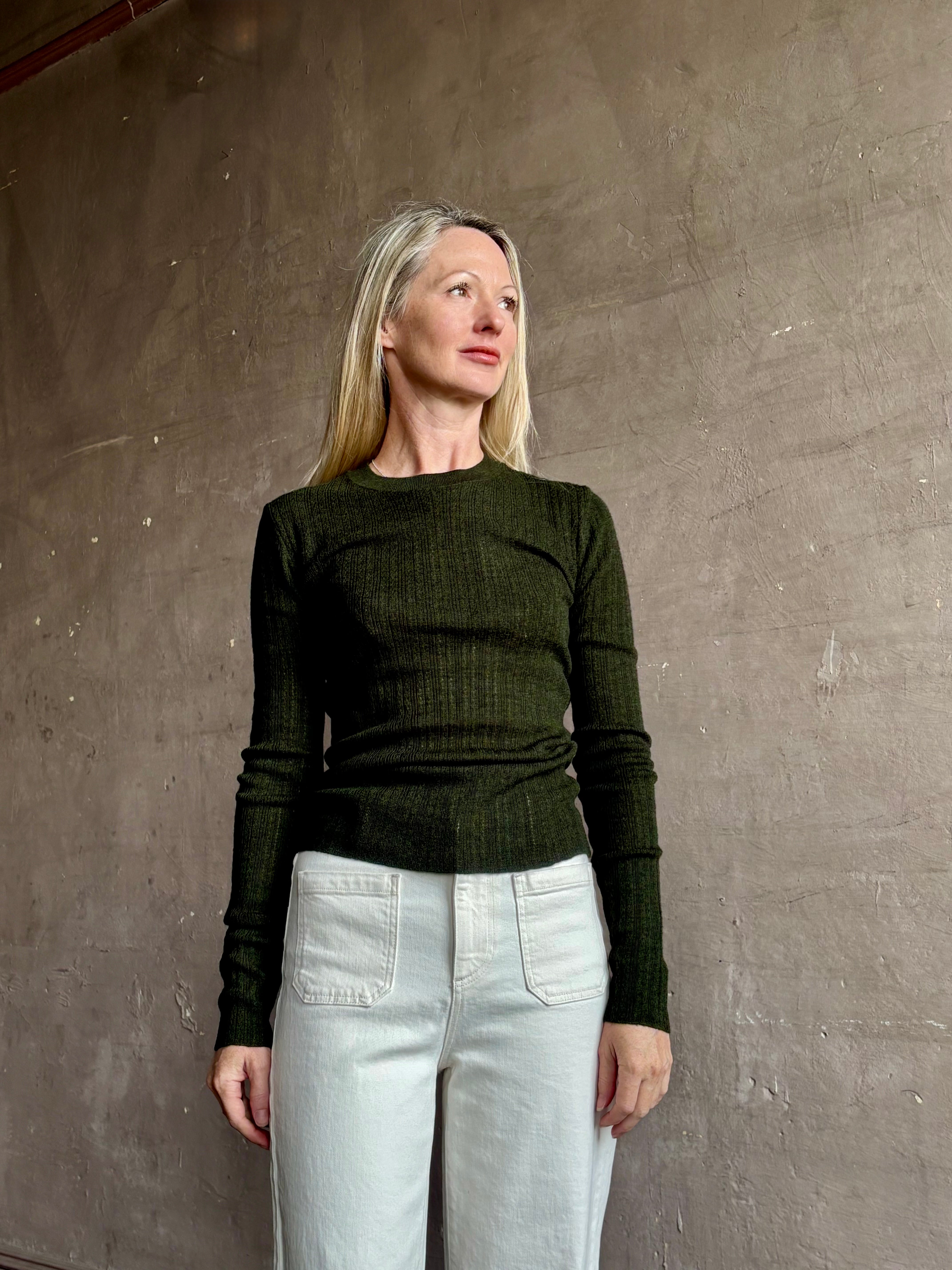 Image of mature woman wearing designer TANYA TAYLOR Crew Neck Kayden merino wool Knit Top in sophisticated heathered Green
