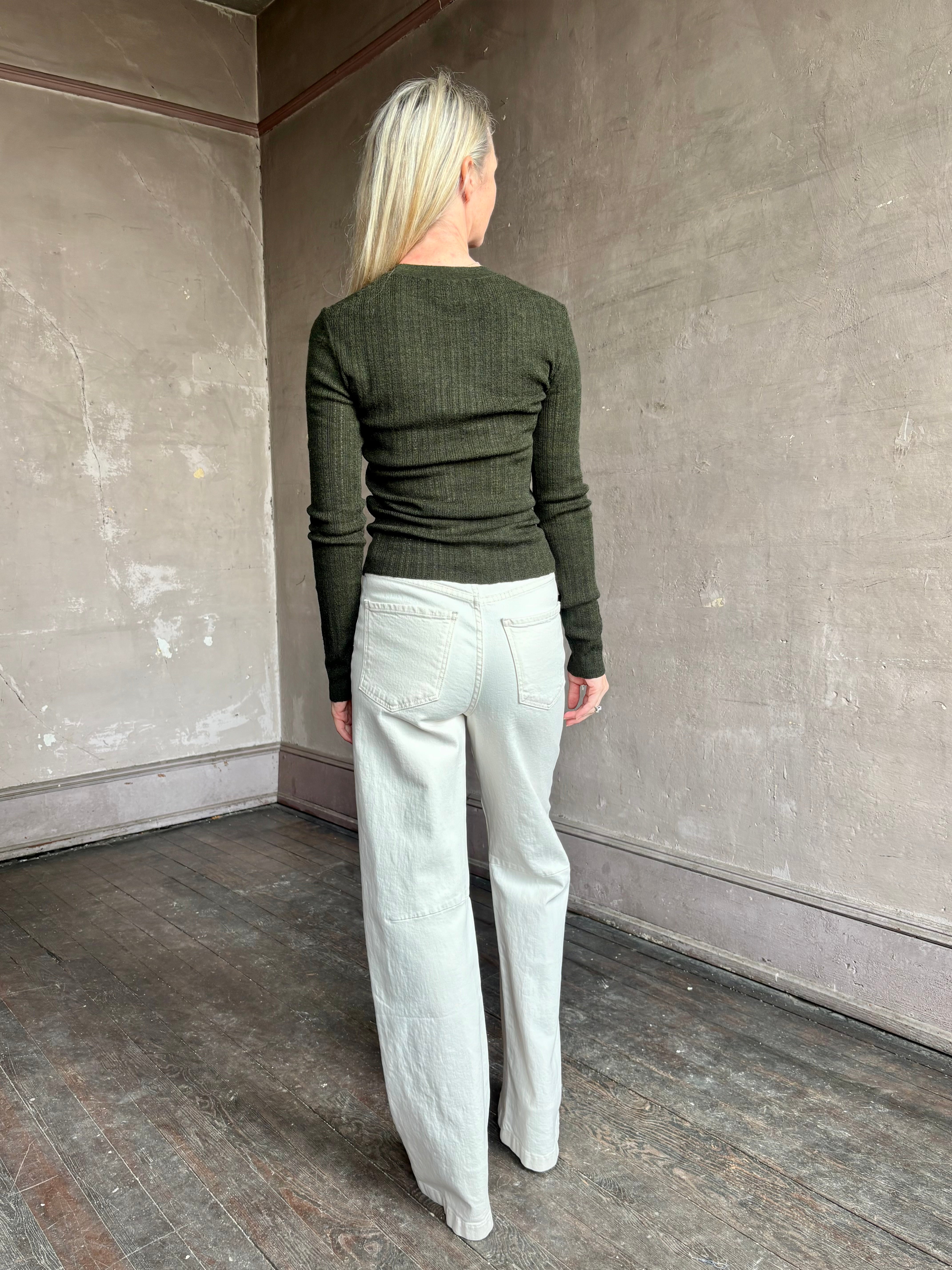 Image of mature woman wearing designer TANYA TAYLOR Crew Neck Kayden merino wool Knit Top in sophisticated heathered Green
