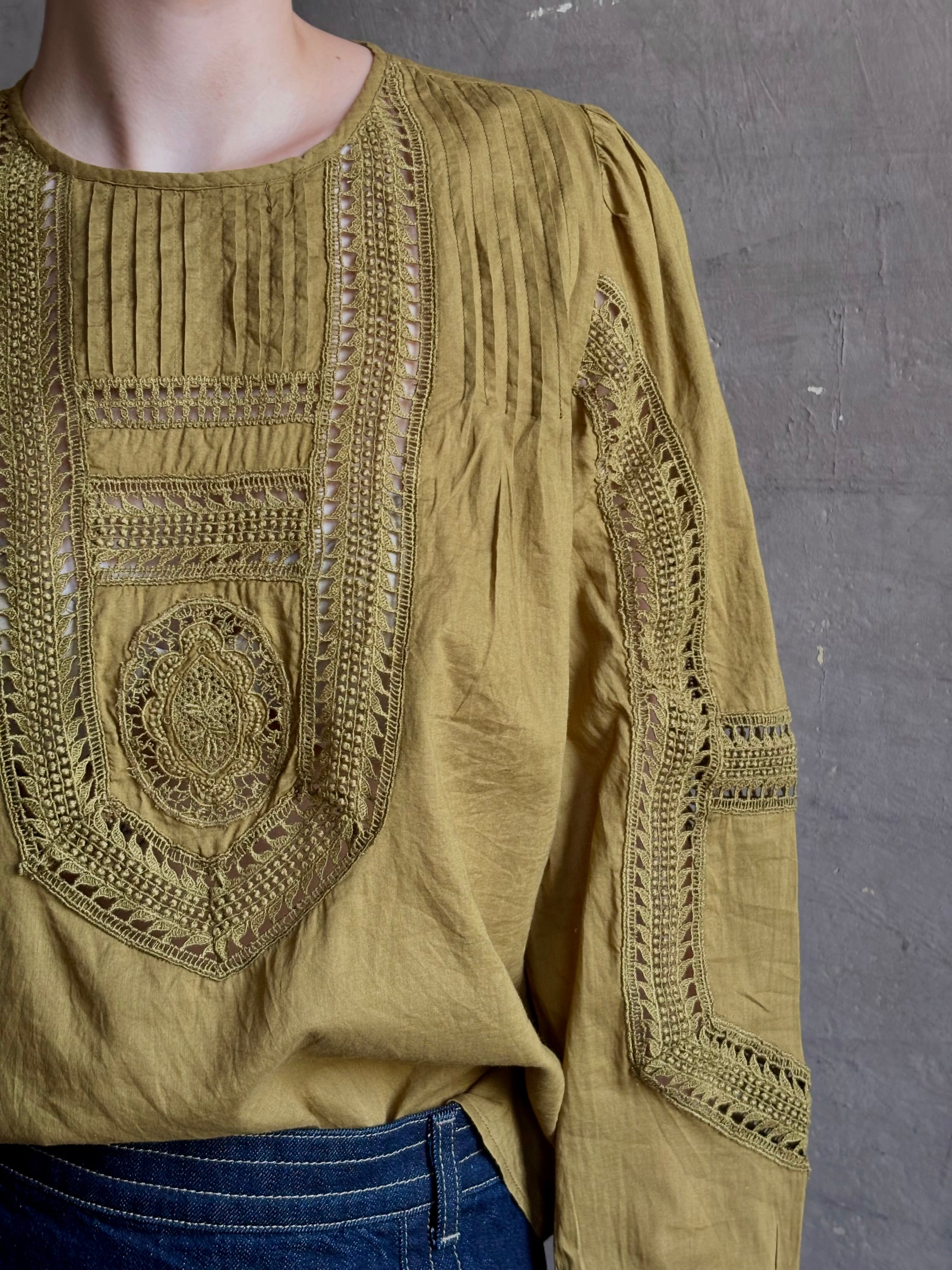 Ulla Johnson Marlowe Long Sleeve Cotton Top in muted green with pintucking and intricate lace crochet 