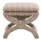 gray ottoman with a fixed pillow top seat cushion and a windowpane pattern fabric on a curved 'X' base 
