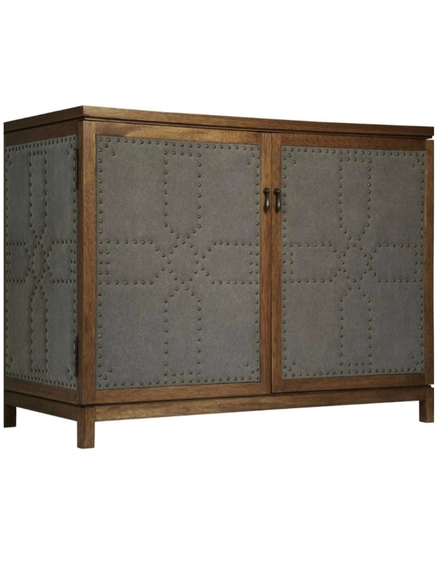 An upholstered walnut sideboard with studded fabric on front and sides, featuring a dark walnut finish and metal hardware.