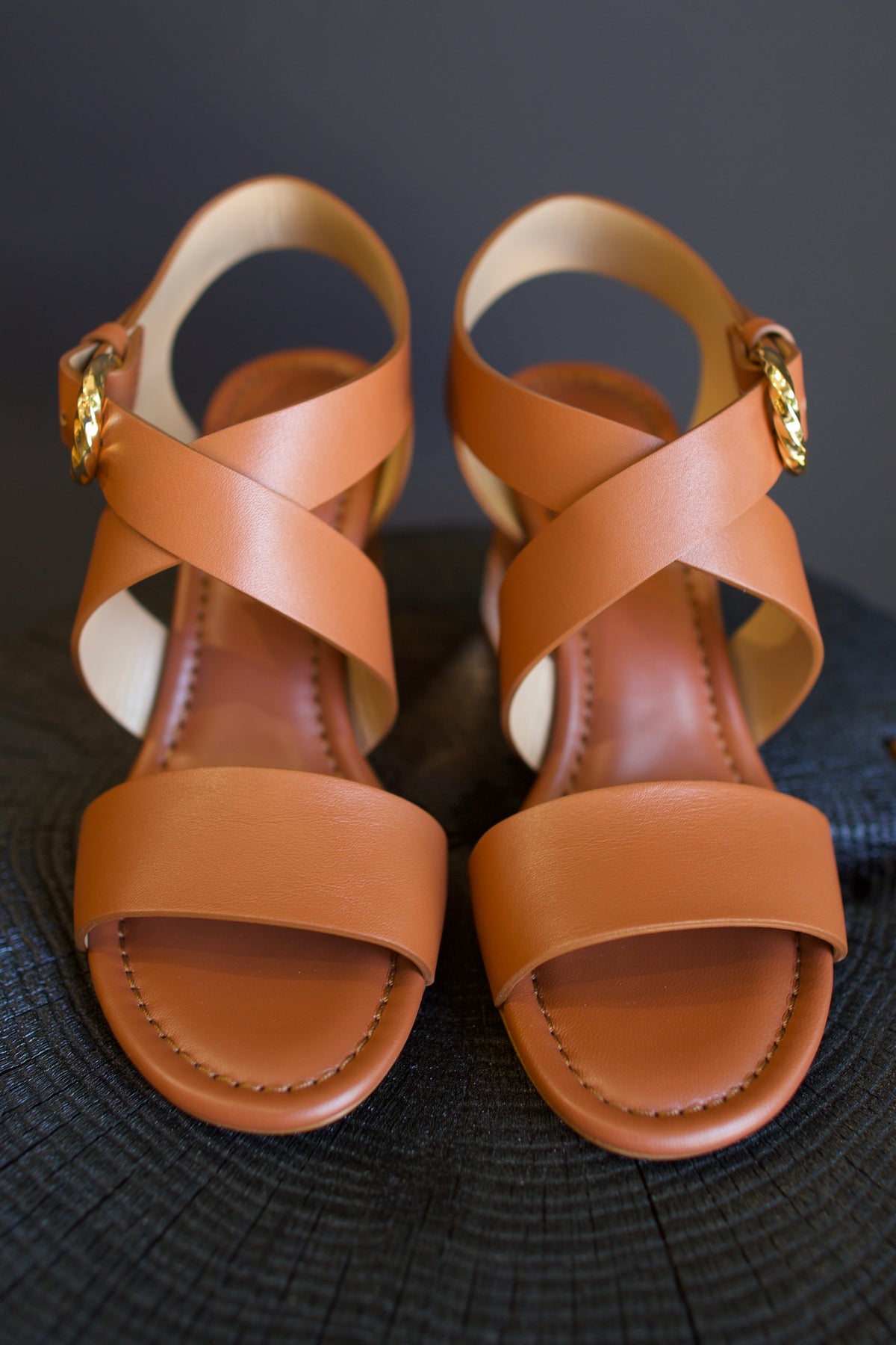 Ulla Johnson Elora Heels in Terra supple leather criss cross straps 3.25" lucite block heel. Sculptural, bohemian-inspired elegance