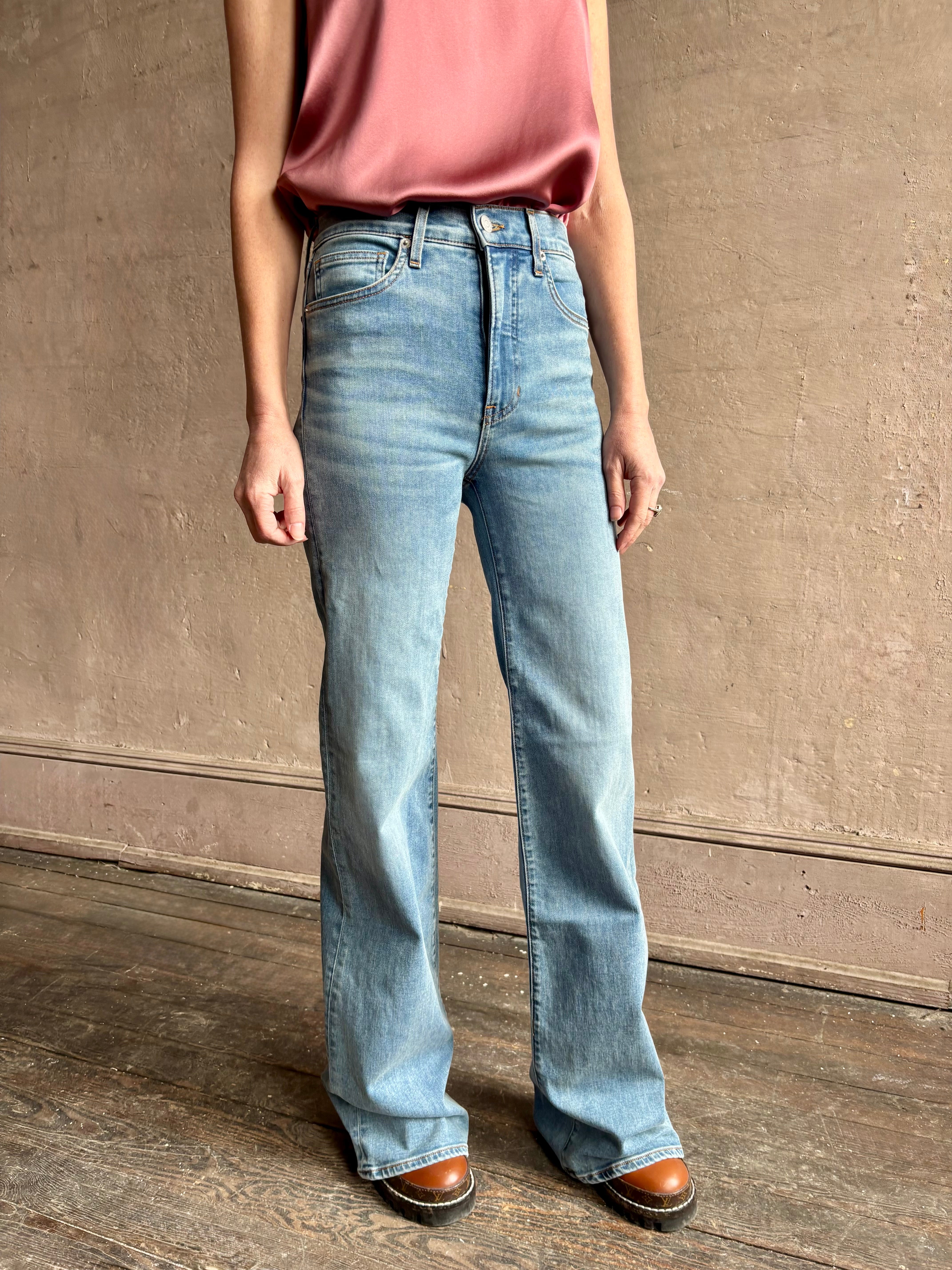 Image of woman wearing American-Made Veronica Beard Crosby Denim with High Rise Wide Leg Jean in premium cotton