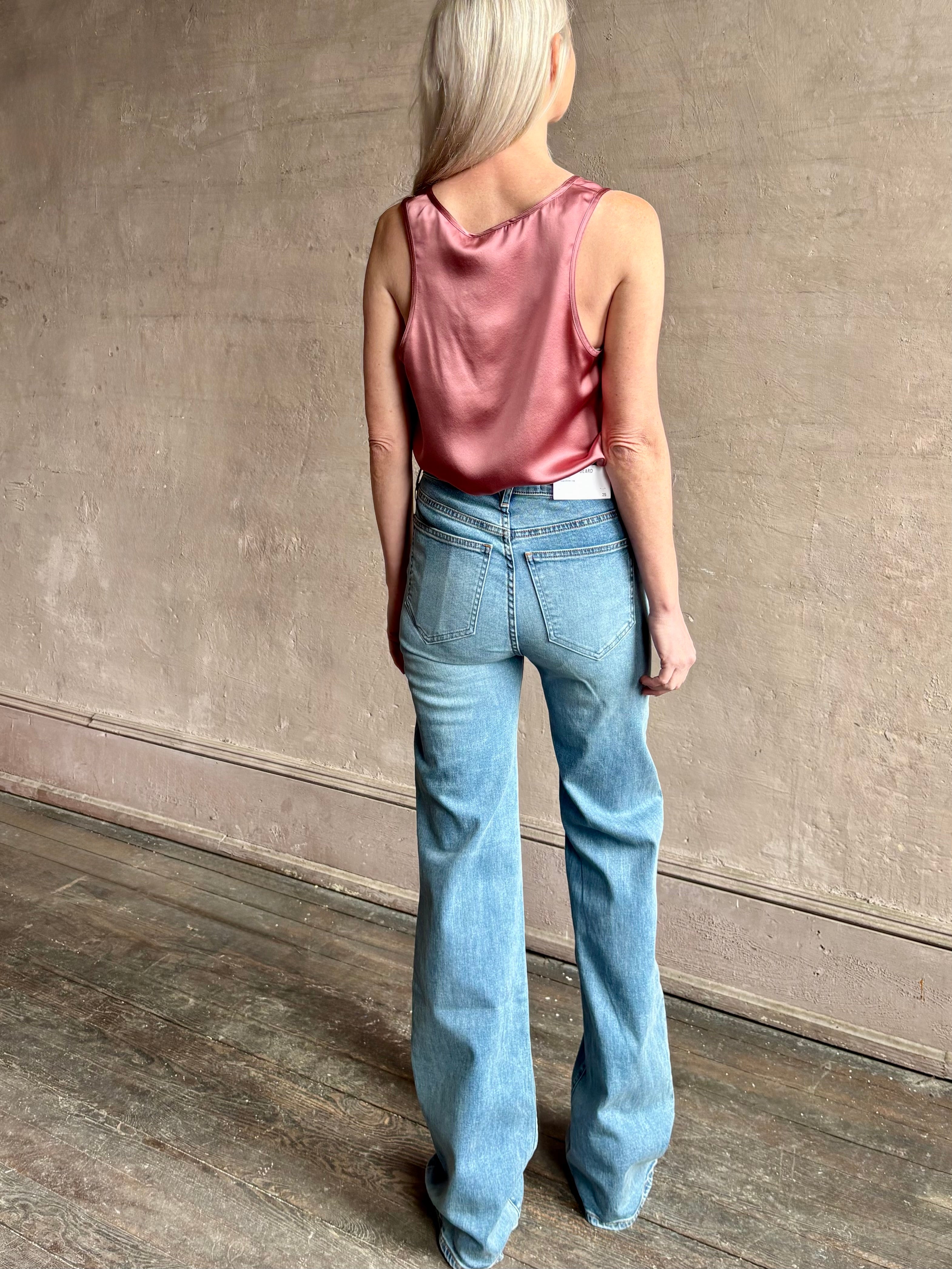 Image of woman wearing American-Made Veronica Beard Crosby Denim with High Rise Wide Leg stretch Jean 