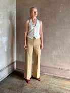 Veronica Beard high-rise fitted waist Darell pant with single button and zip closure wide leg cropped length 