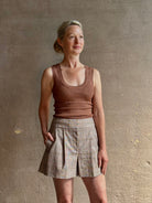 Veronica Beard Haina plaid Short is a versatile warm-weather essential crafted in lightweight  cotton linen blend 