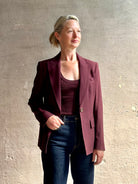 Veronica Beard tailored Isaac Dickey Jacket in a refined fabric blend in a rich mulberry and single button closure
