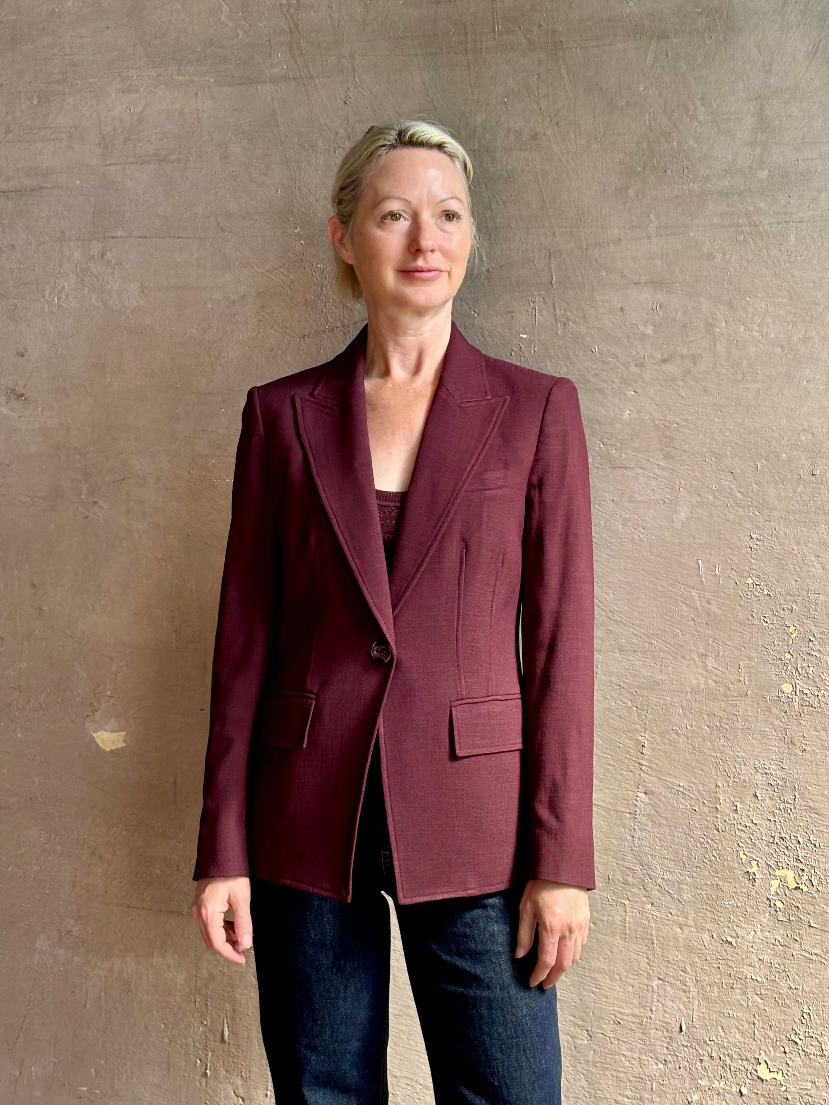 Veronica Beard tailored Isaac Dickey Jacket in a refined fabric blend in a rich mulberry and single button closure