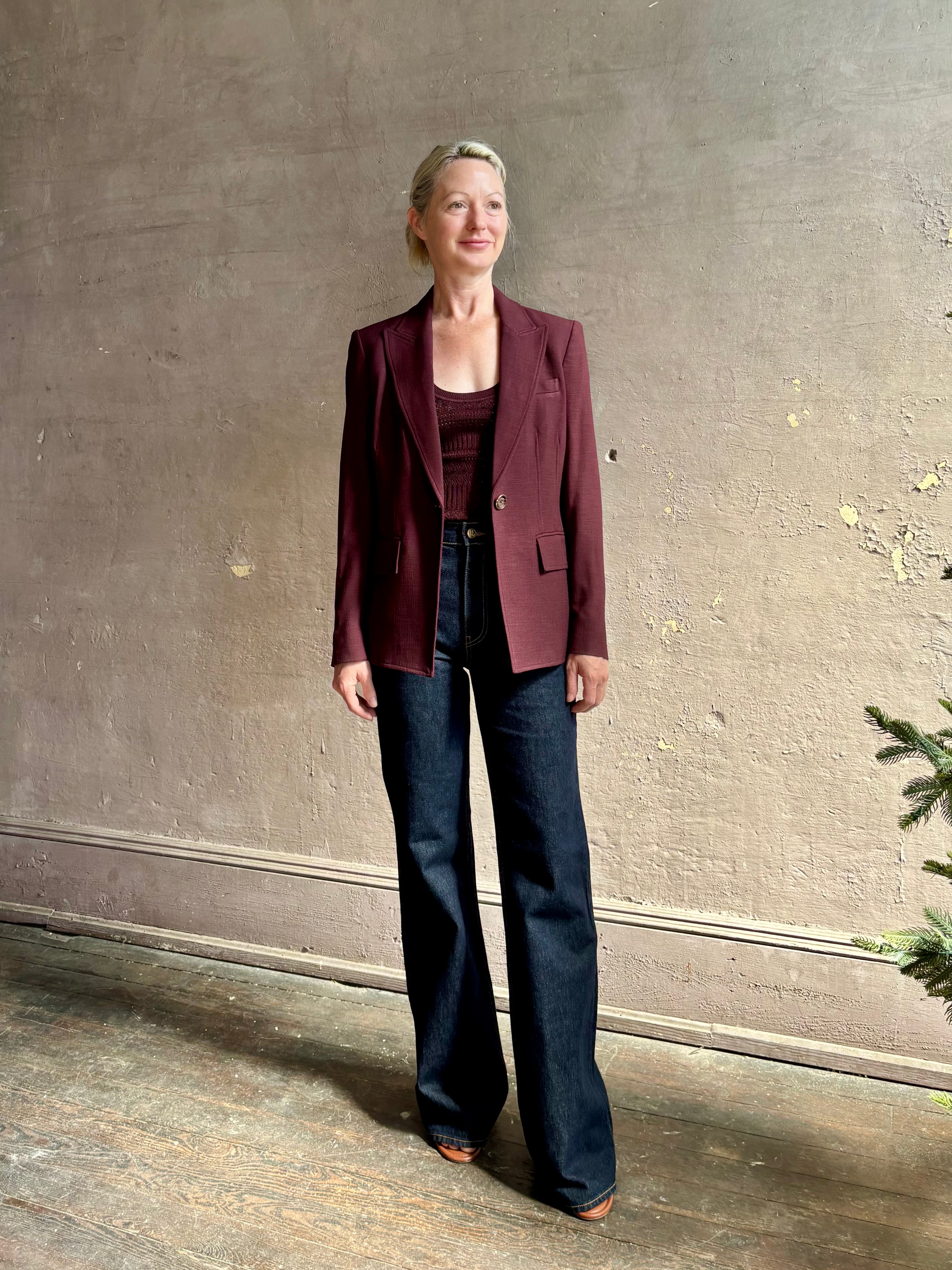 Veronica Beard tailored Isaac Dickey Jacket in a refined fabric blend in a rich mulberry and single button closure