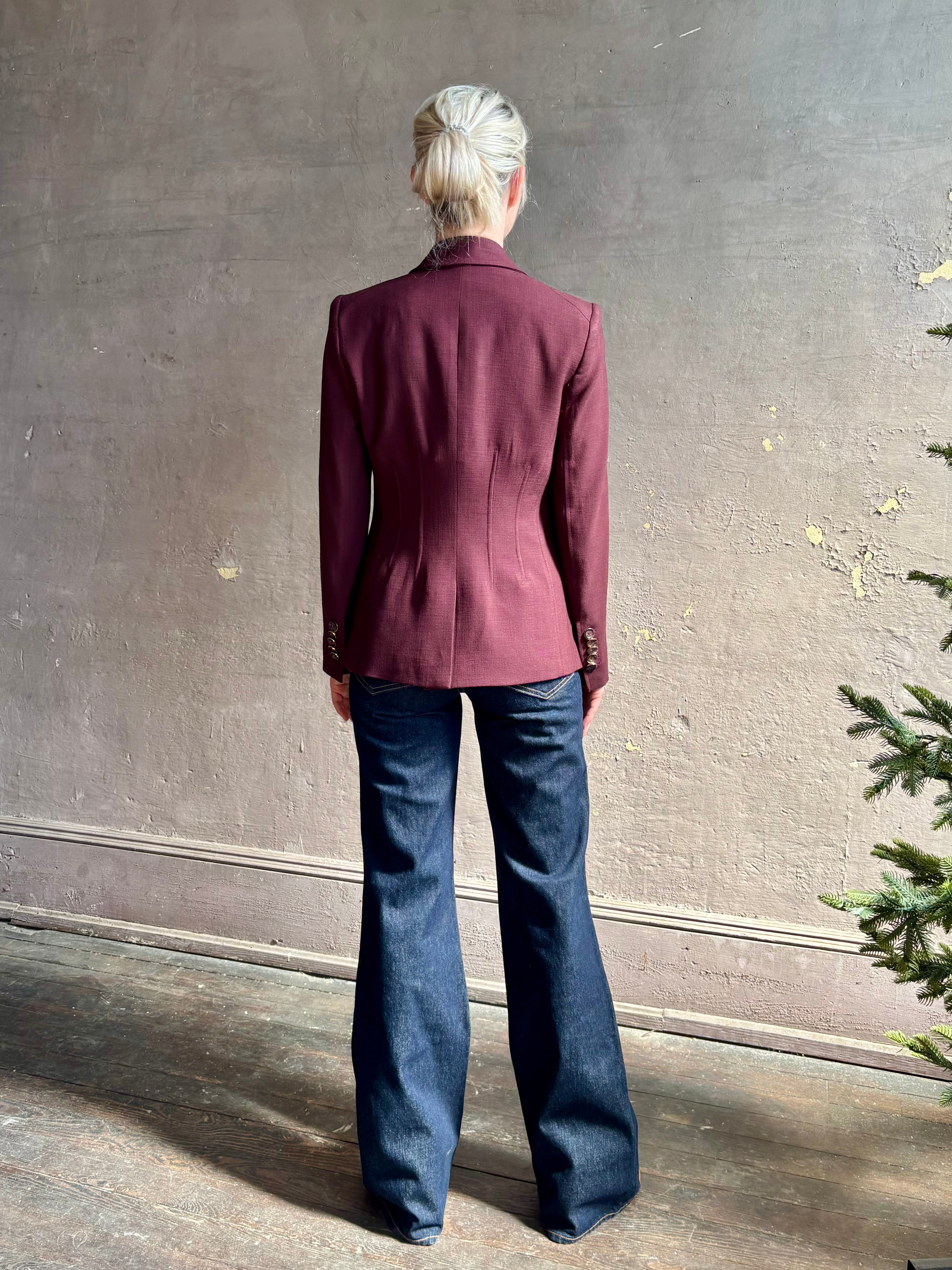 Veronica Beard tailored Isaac Dickey Jacket in a refined fabric blend in a rich mulberry and single button closure