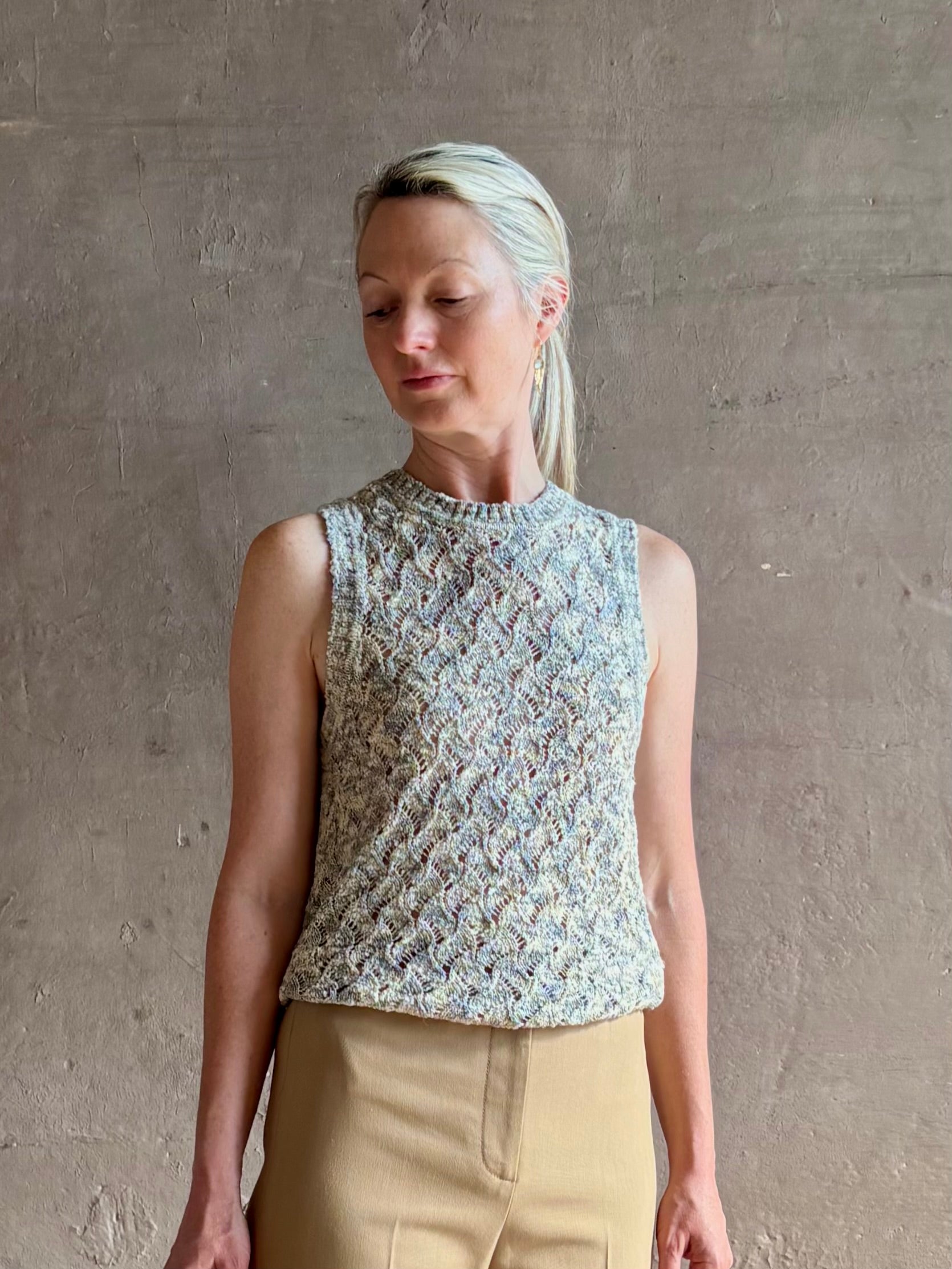 Veronica Beard Jerre lace Knit sweater lightweight cotton blend sleeveless crew neck cream blue khaki knit