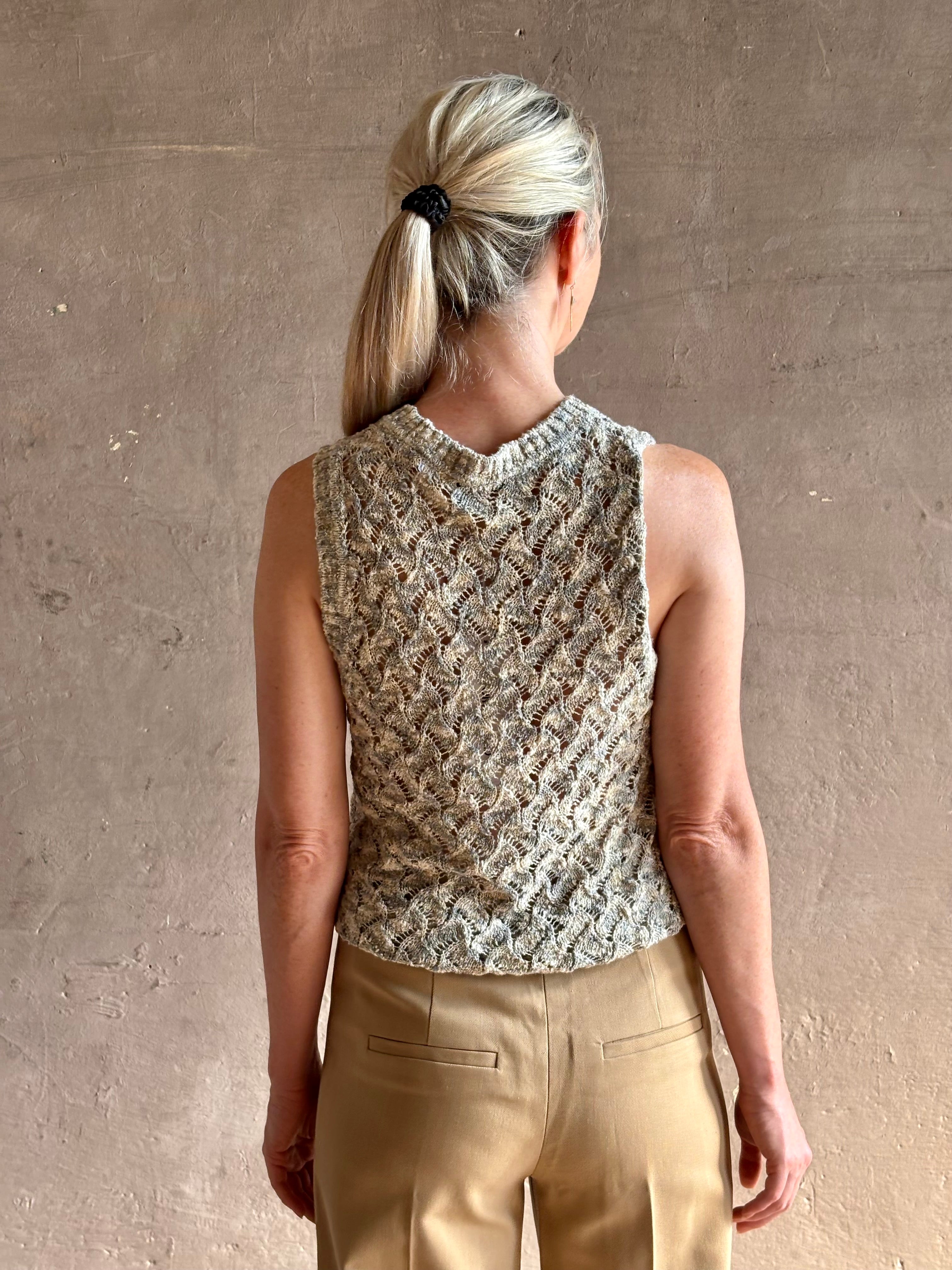 Veronica Beard Jerre lace Knit sweater lightweight cotton blend sleeveless crew neck cream blue khaki knit
