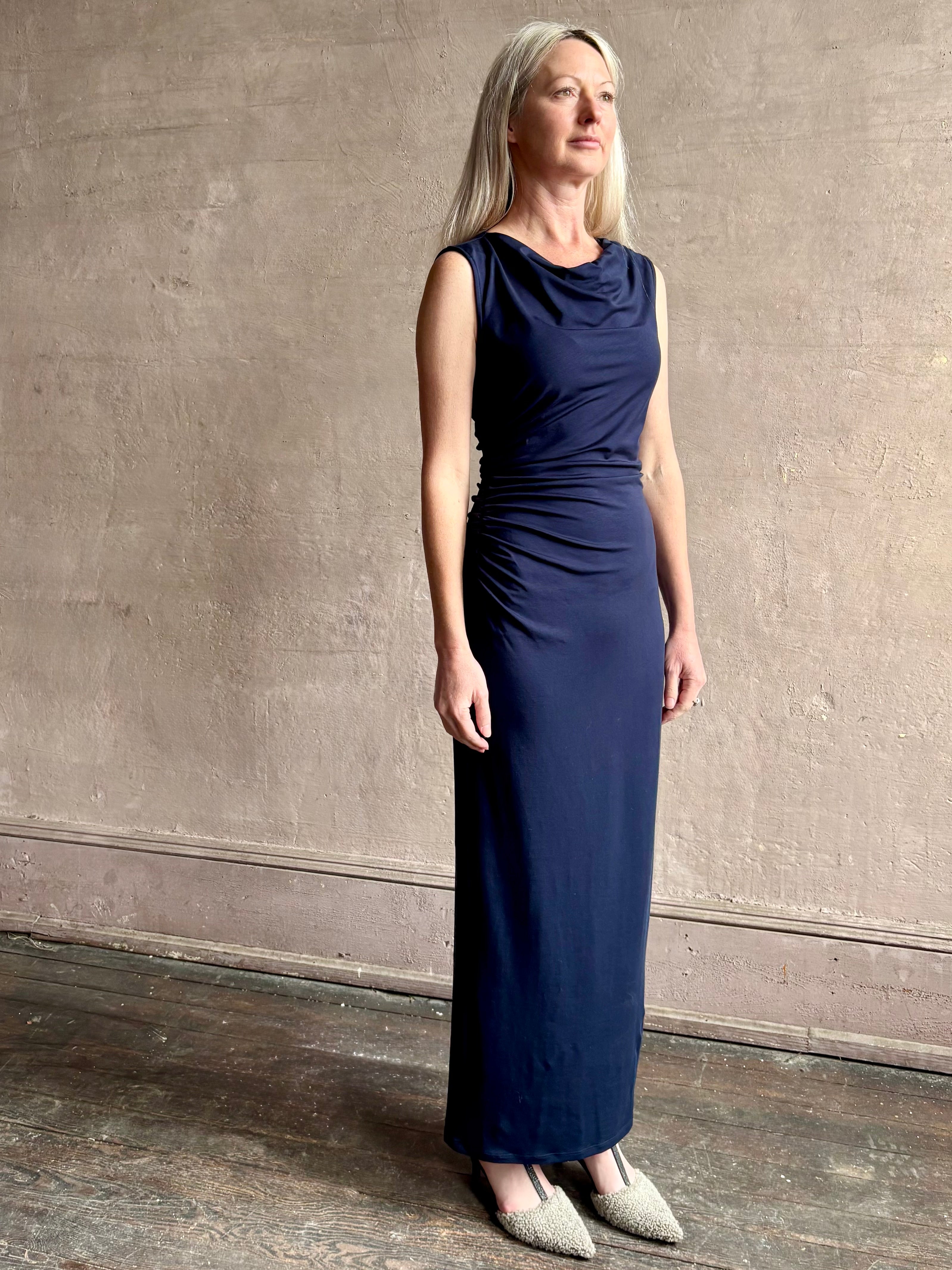 Image of mature woman wearing VERONICA BEARD Kerilyn navy blue maxi sheath Dress in a comfortable elevated casual wear fabric