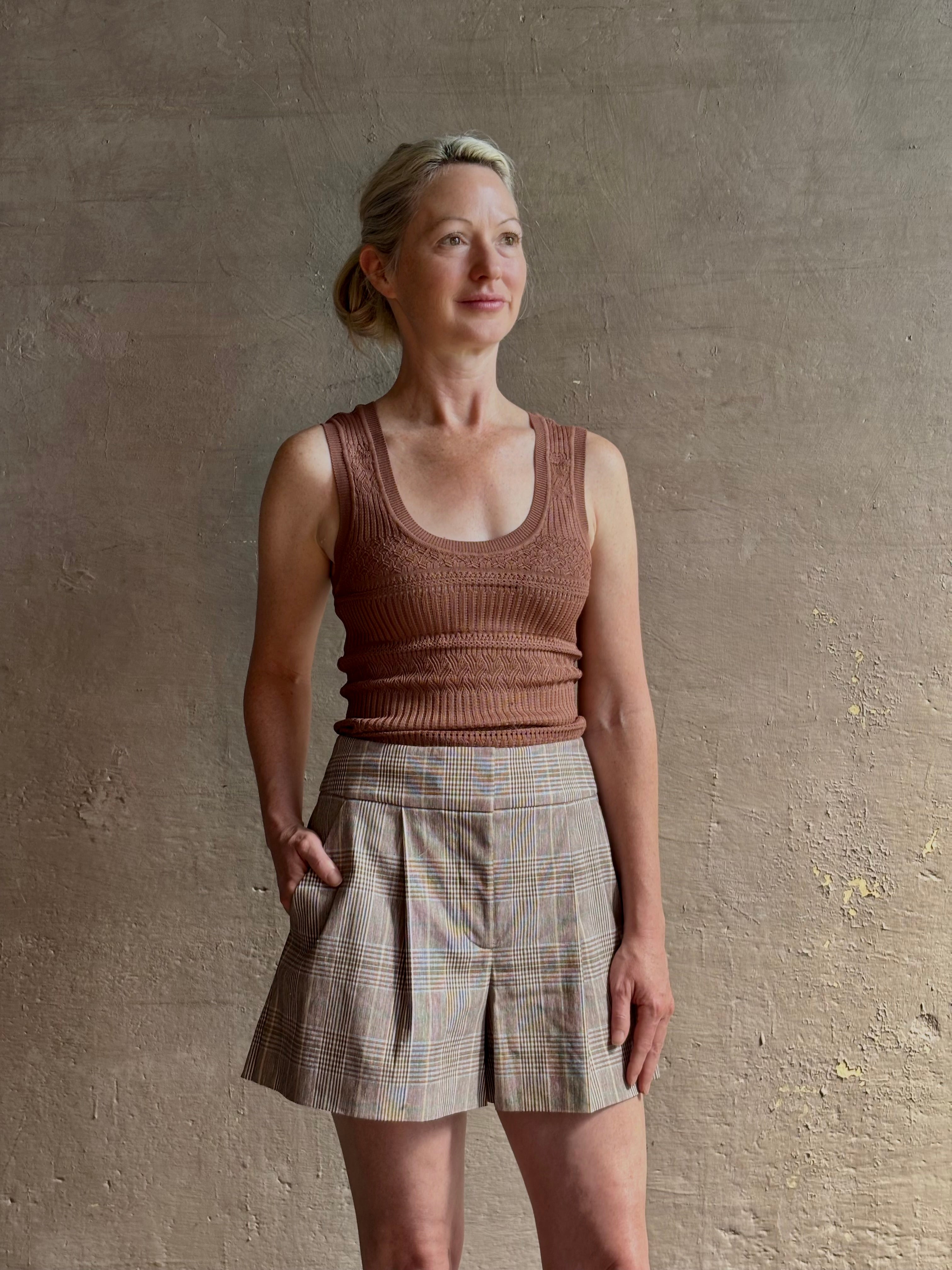 Veronica Beard Sandra Tank Top in a soft neutral nude and crafted from a  rayon nylon blend with scoop neckline 