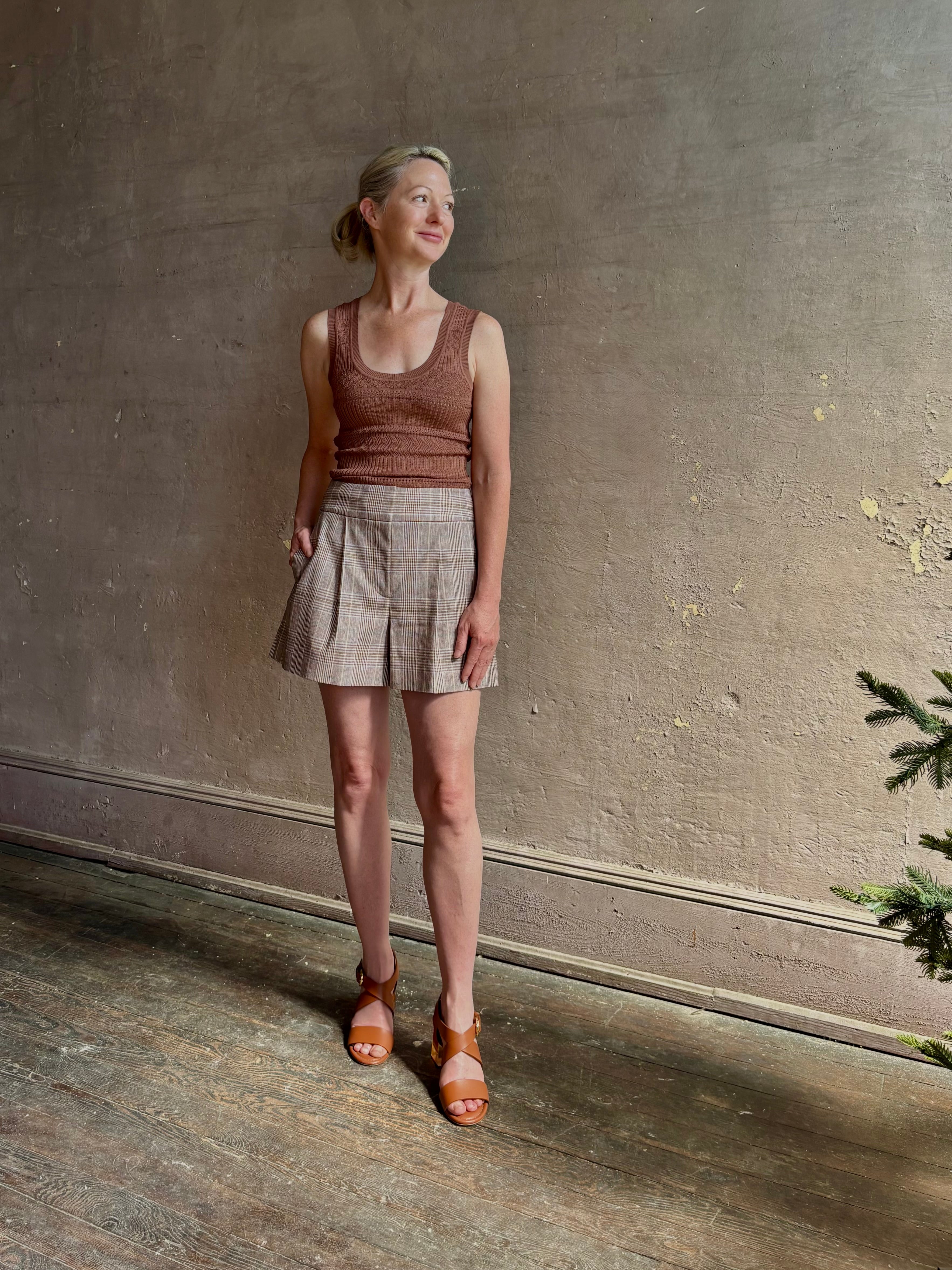 Veronica Beard Sandra Tank Top in a soft neutral nude and crafted from a  rayon nylon blend with scoop neckline 