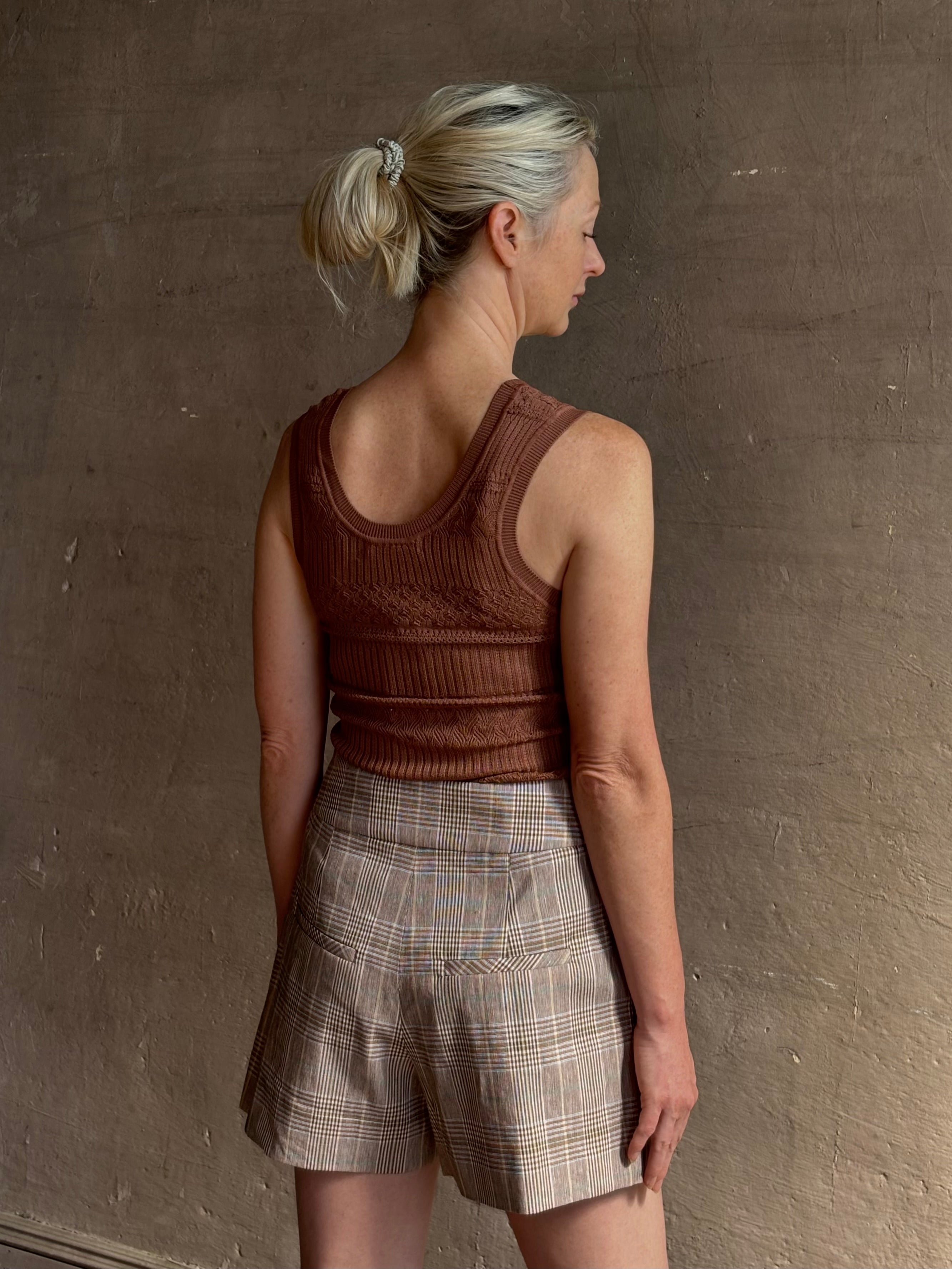 Veronica Beard Sandra Tank Top in a soft neutral nude and crafted from a  rayon nylon blend with scoop neckline 