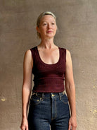 Sandra Tank from Veronica Beard rendered in a rich mulberry tone with detailed weaved and scoop neckline