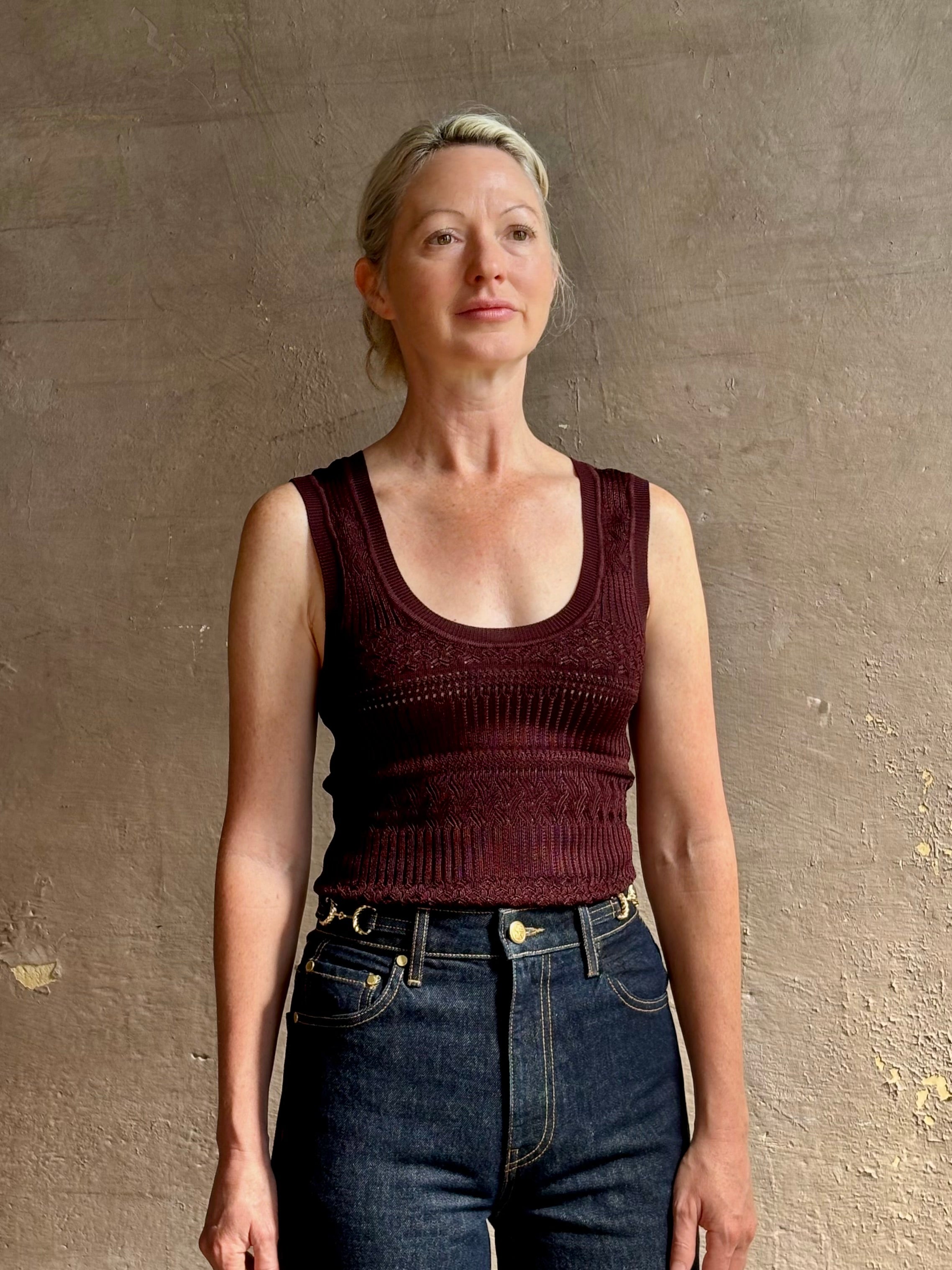 Sandra Tank from Veronica Beard rendered in a rich mulberry tone with detailed weaved and scoop neckline