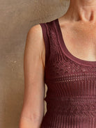 Sandra Tank from Veronica Beard rendered in a rich mulberry tone with detailed weaved and scoop neckline