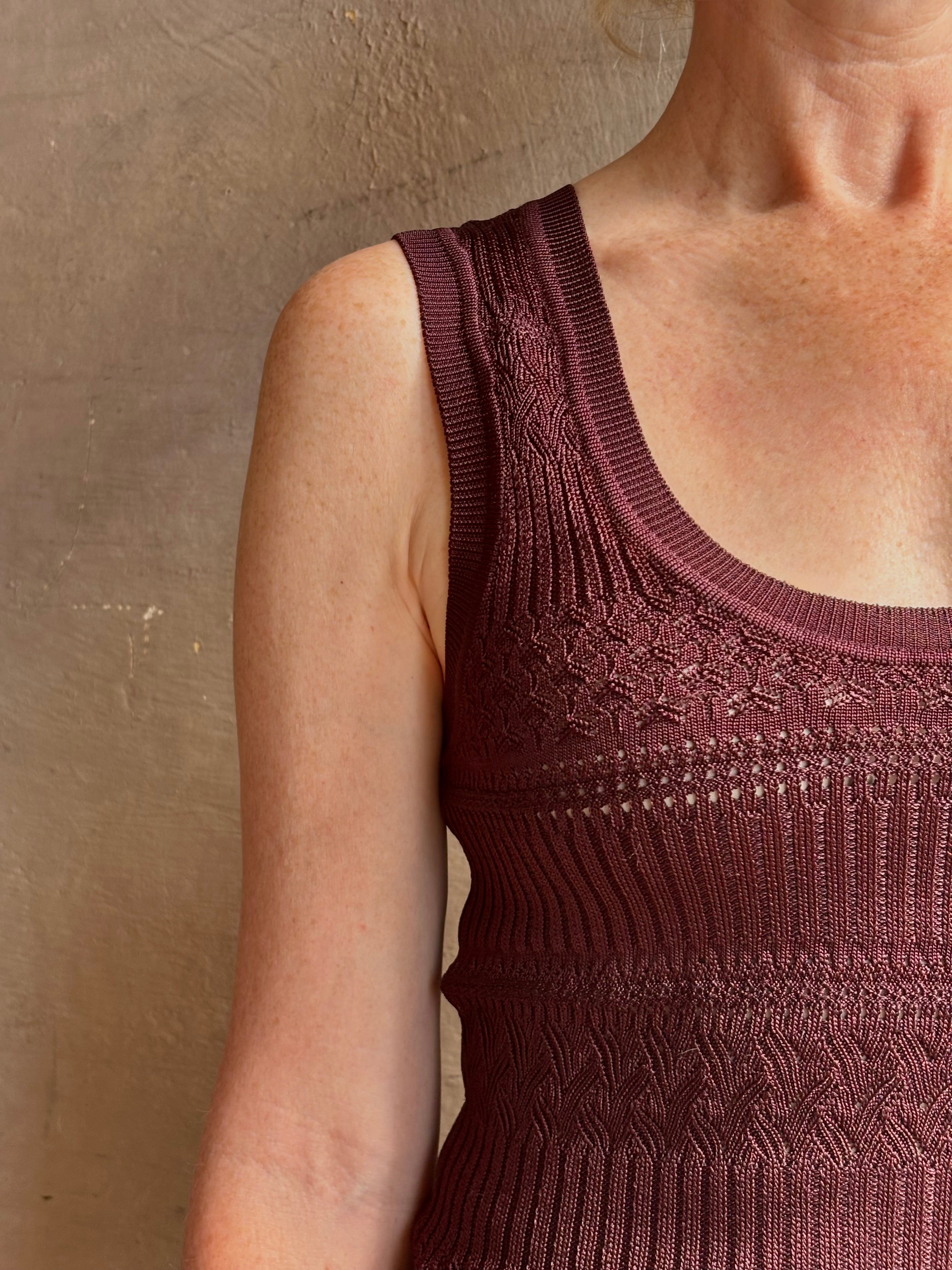Sandra Tank from Veronica Beard rendered in a rich mulberry tone with detailed weaved and scoop neckline